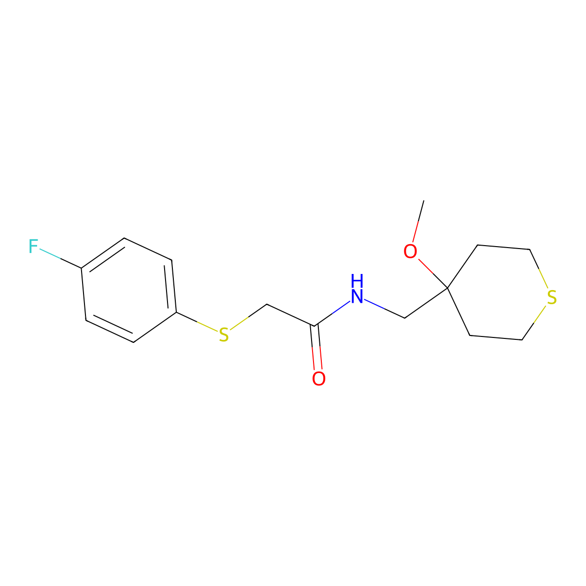 2-((4-fluorophenyl)thio)-N-((4-methoxytetrahydro-2H-thiopyran-4-yl)methyl)acetamide molecular structure, CAS 2034587-69-2