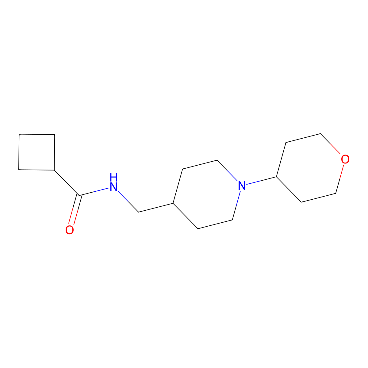 N-((1-(tetrahydro-2H-pyran-4-yl)piperidin-4-yl)methyl)cyclobutanecarboxamide molecular structure, CAS 2034587-70-5