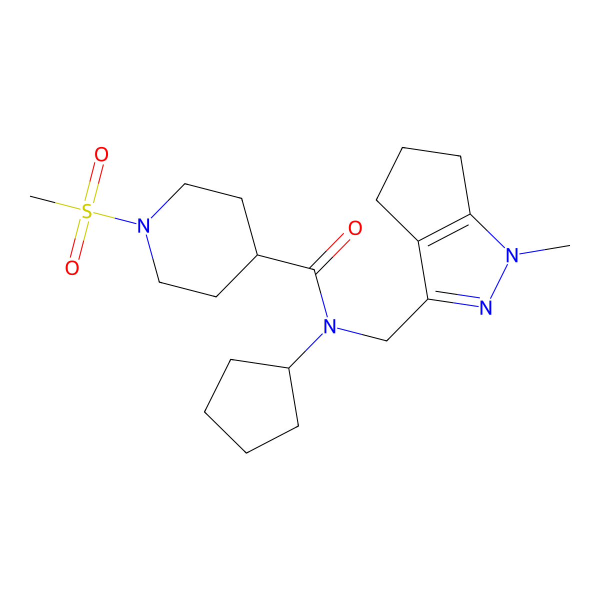 N-cyclopentyl-N-((1-methyl-1,4,5,6-tetrahydrocyclopenta[c]pyrazol-3-yl)methyl)-1-(methylsulfonyl)piperidine-4-carboxamide molecular structure, CAS 2034587-71-6