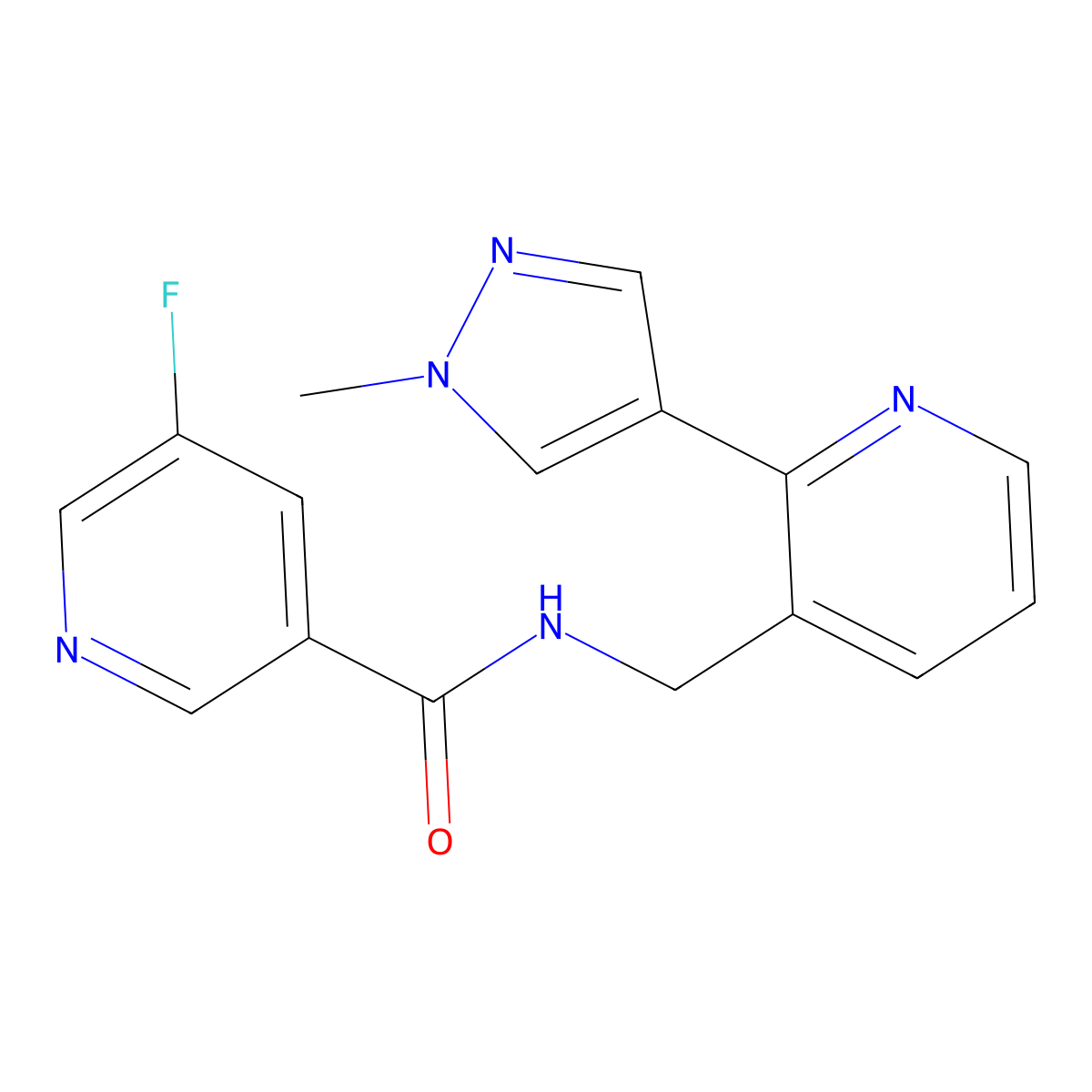 5-fluoro-N-((2-(1-methyl-1H-pyrazol-4-yl)pyridin-3-yl)methyl)nicotinamide molecular structure, CAS 2034587-74-9