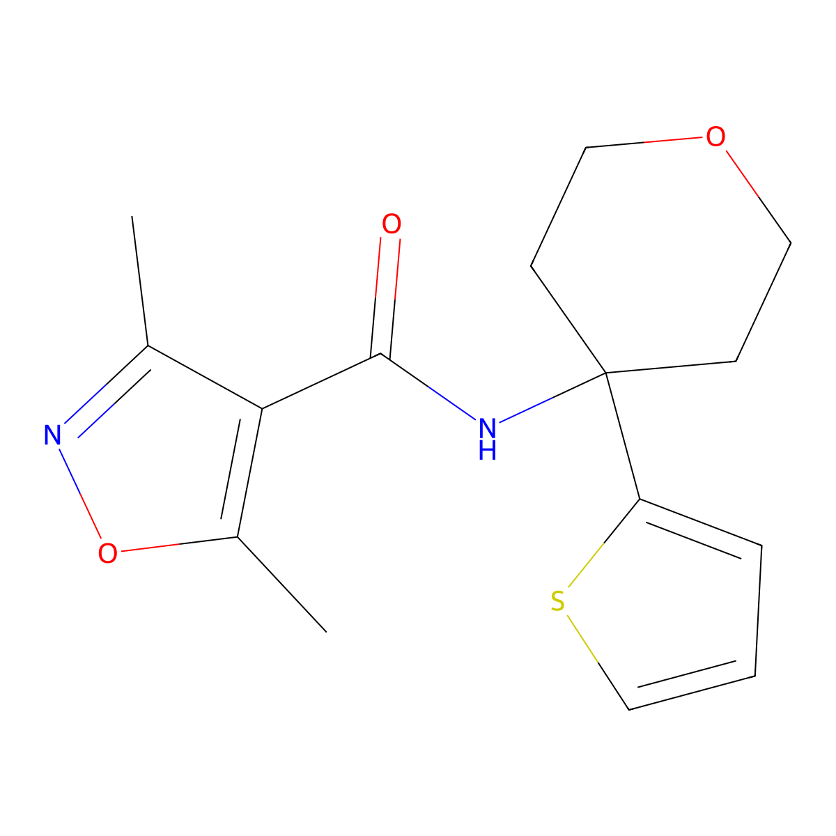3,5-dimethyl-N-(4-(thiophen-2-yl)tetrahydro-2H-pyran-4-yl)isoxazole-4-carboxamide molecular structure, CAS 2034587-77-2