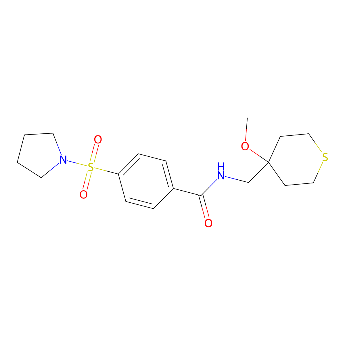 N-((4-methoxytetrahydro-2H-thiopyran-4-yl)methyl)-4-(pyrrolidin-1-ylsulfonyl)benzamide molecular structure, CAS 2034587-78-3