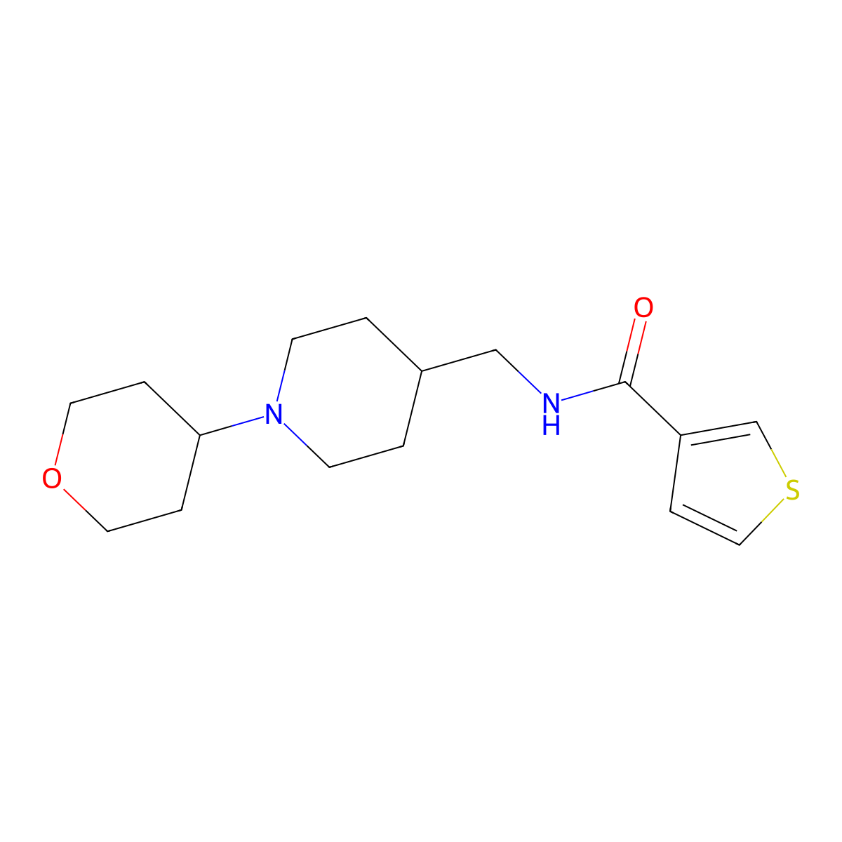 N-((1-(tetrahydro-2H-pyran-4-yl)piperidin-4-yl)methyl)thiophene-3-carboxamide molecular structure, CAS 2034587-83-0