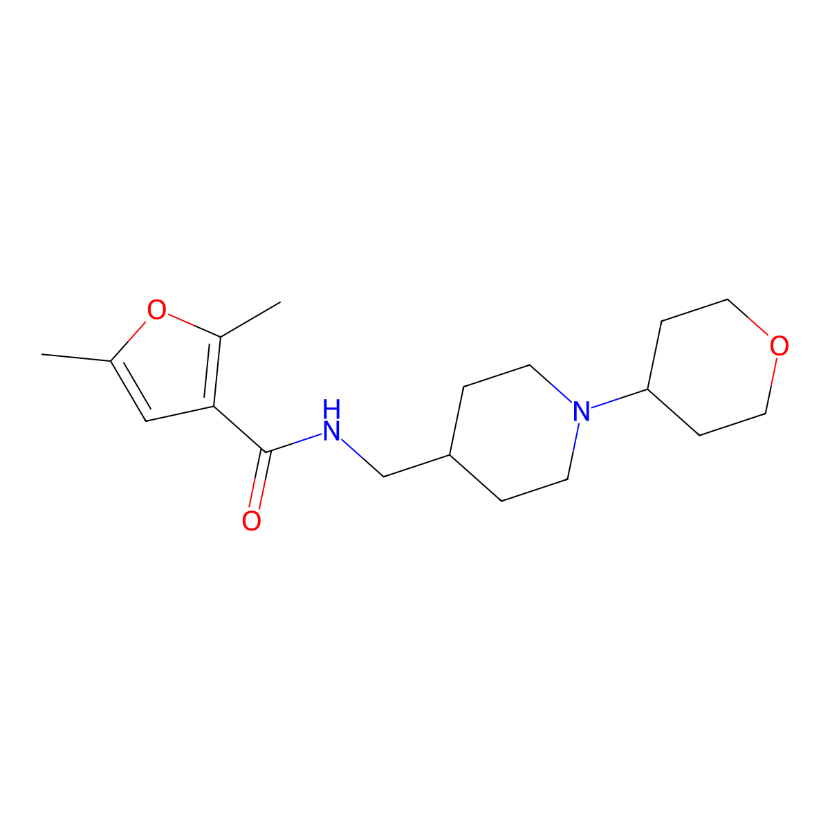 2,5-dimethyl-N-((1-(tetrahydro-2H-pyran-4-yl)piperidin-4-yl)methyl)furan-3-carboxamide molecular structure, CAS 2034587-89-6