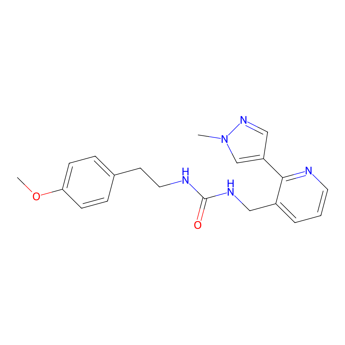 1-(4-methoxyphenethyl)-3-((2-(1-methyl-1H-pyrazol-4-yl)pyridin-3-yl)methyl)urea molecular structure, CAS 2034587-94-3