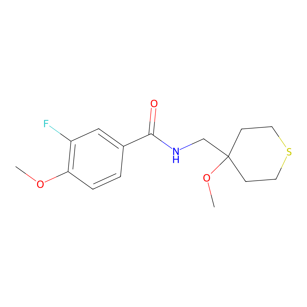3-fluoro-4-methoxy-N-((4-methoxytetrahydro-2H-thiopyran-4-yl)methyl)benzamide molecular structure, CAS 2034587-98-7