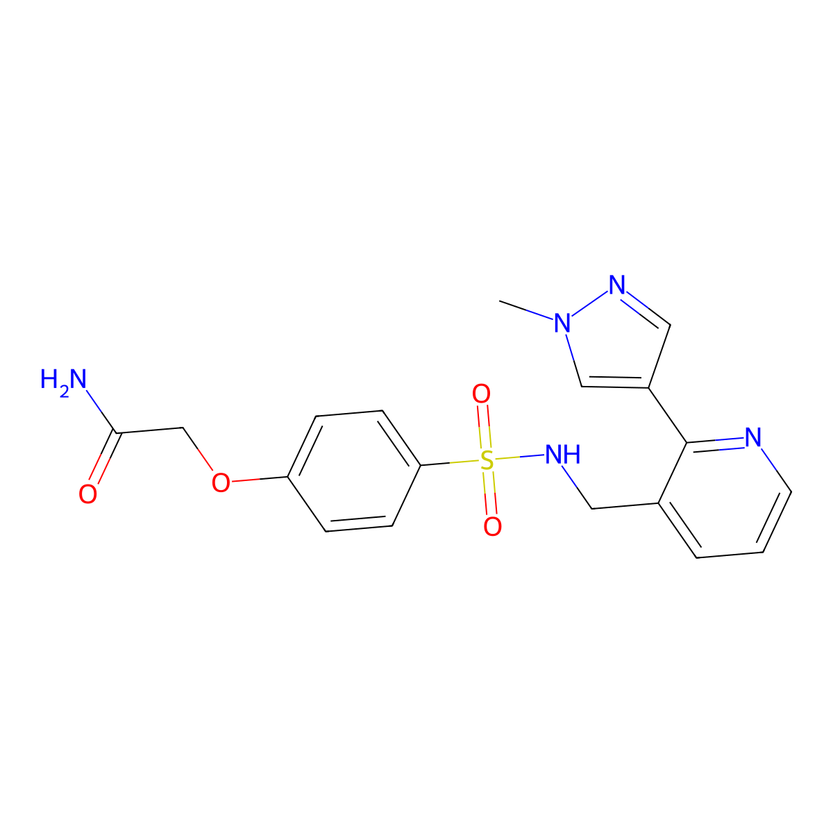 2-(4-(N-((2-(1-methyl-1H-pyrazol-4-yl)pyridin-3-yl)methyl)sulfamoyl)phenoxy)acetamide molecular structure, CAS 2034588-03-7