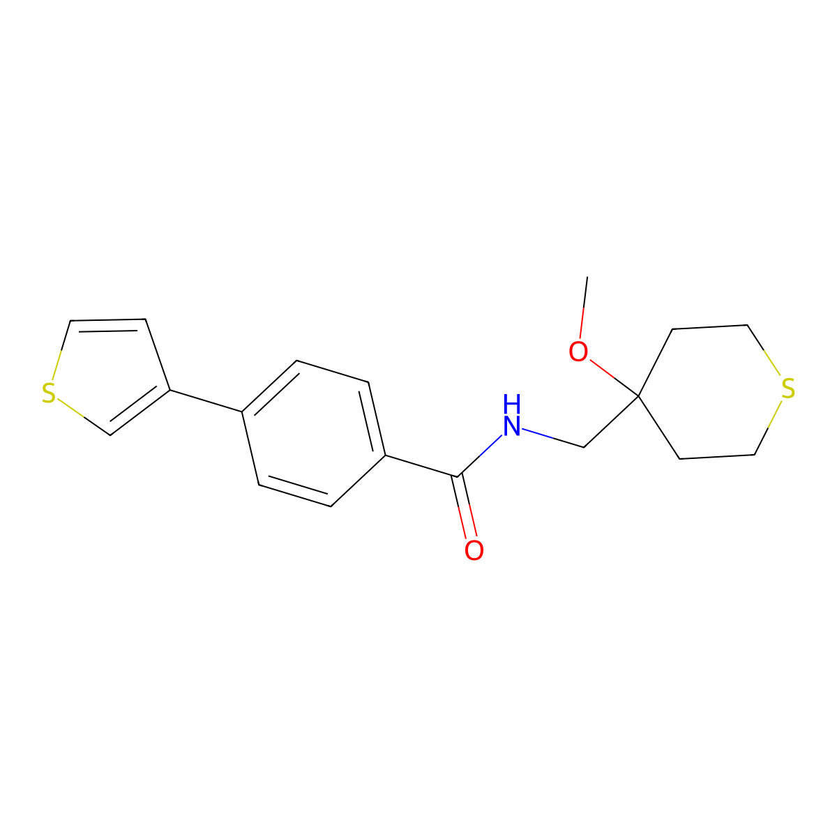 N-((4-methoxytetrahydro-2H-thiopyran-4-yl)methyl)-4-(thiophen-3-yl)benzamide molecular structure, CAS 2034588-08-2