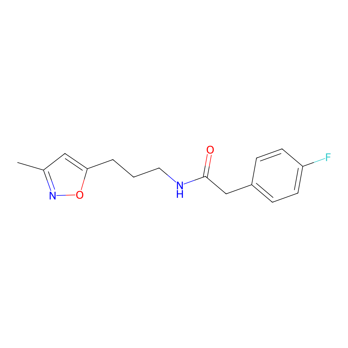 2-(4-fluorophenyl)-N-(3-(3-methylisoxazol-5-yl)propyl)acetamide molecular structure, CAS 2034588-14-0