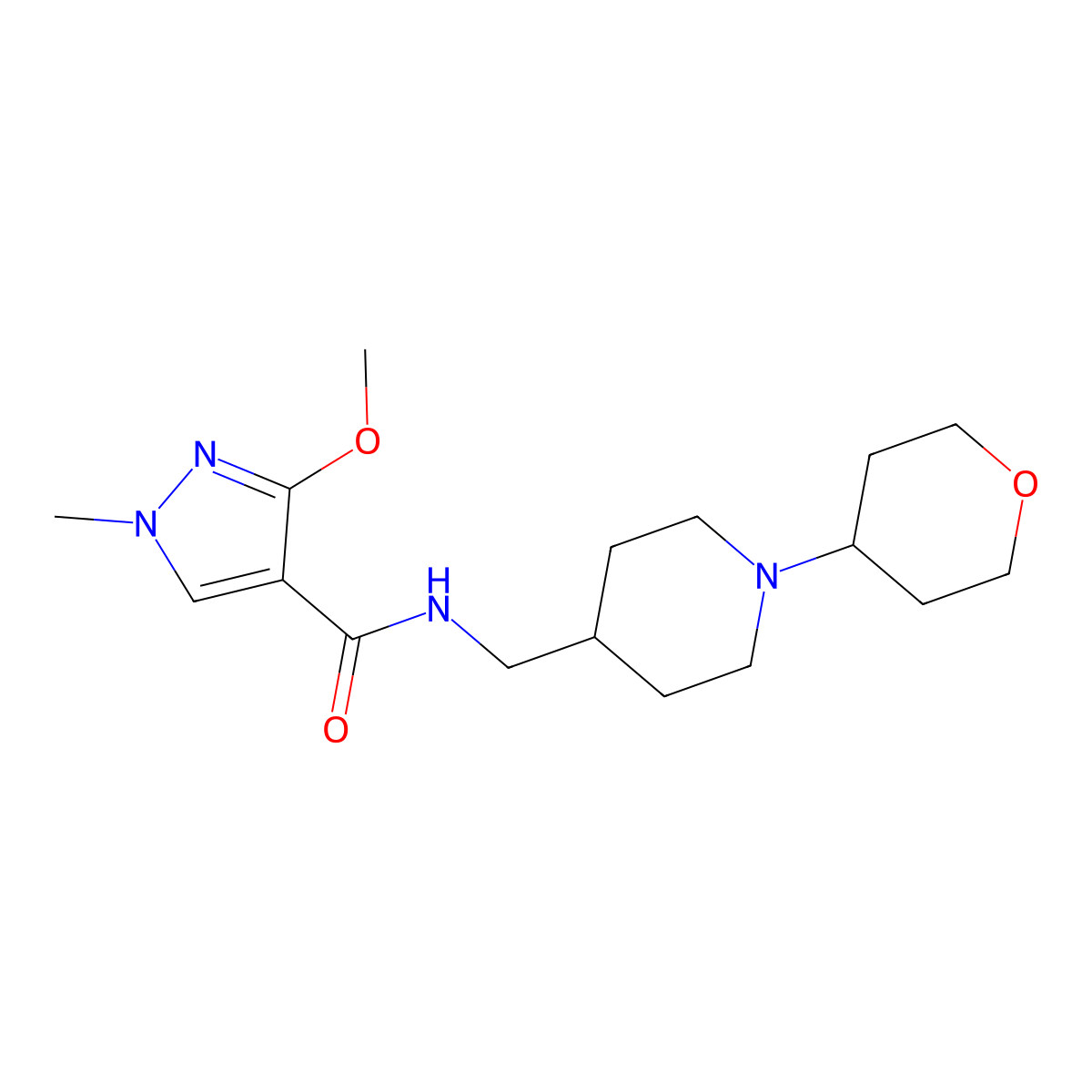 3-methoxy-1-methyl-N-((1-(tetrahydro-2H-pyran-4-yl)piperidin-4-yl)methyl)-1H-pyrazole-4-carboxamide molecular structure, CAS 2034588-16-2