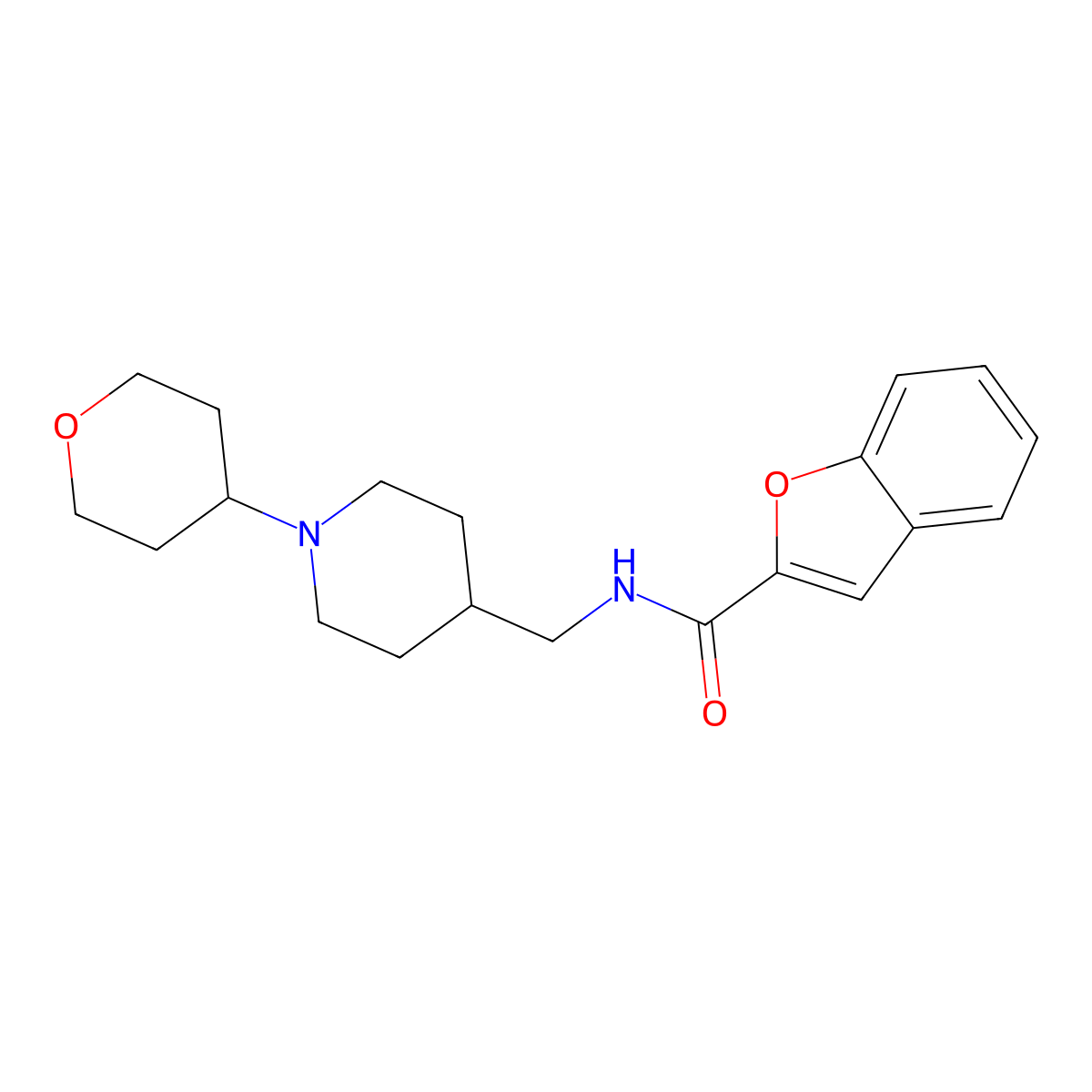 N-((1-(tetrahydro-2H-pyran-4-yl)piperidin-4-yl)methyl)benzofuran-2-carboxamide molecular structure, CAS 2034588-33-3