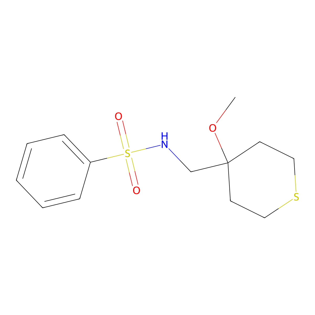 N-((4-methoxytetrahydro-2H-thiopyran-4-yl)methyl)benzenesulfonamide molecular structure, CAS 2034588-35-5
