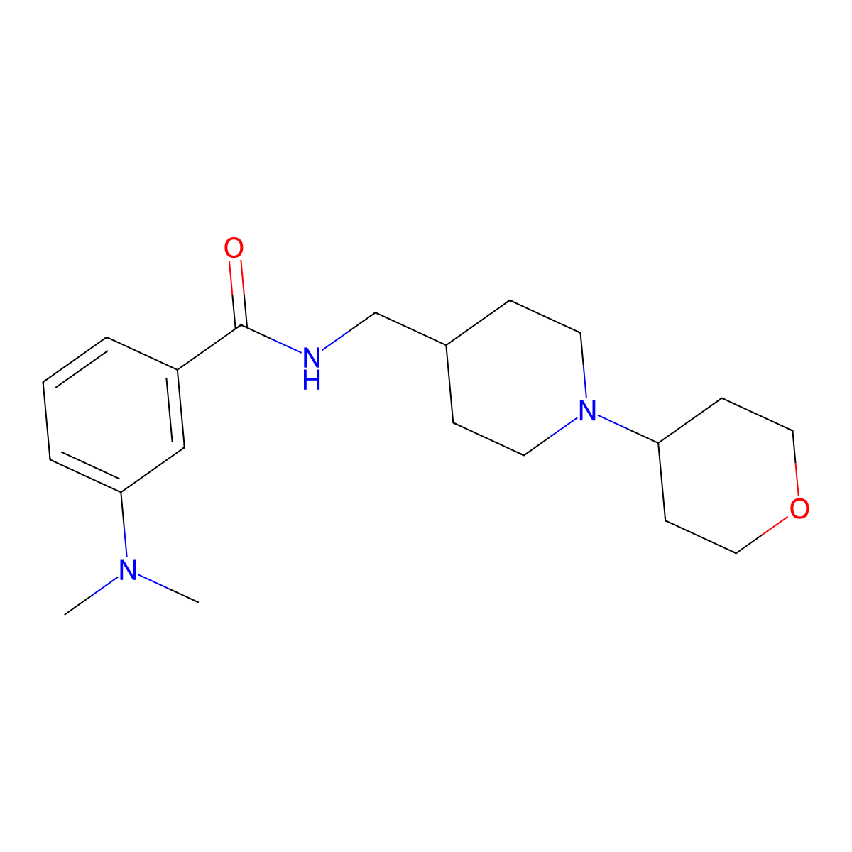 3-(dimethylamino)-N-((1-(tetrahydro-2H-pyran-4-yl)piperidin-4-yl)methyl)benzamide molecular structure, CAS 2034588-41-3