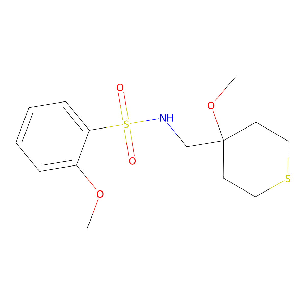 2-methoxy-N-((4-methoxytetrahydro-2H-thiopyran-4-yl)methyl)benzenesulfonamide molecular structure, CAS 2034588-42-4