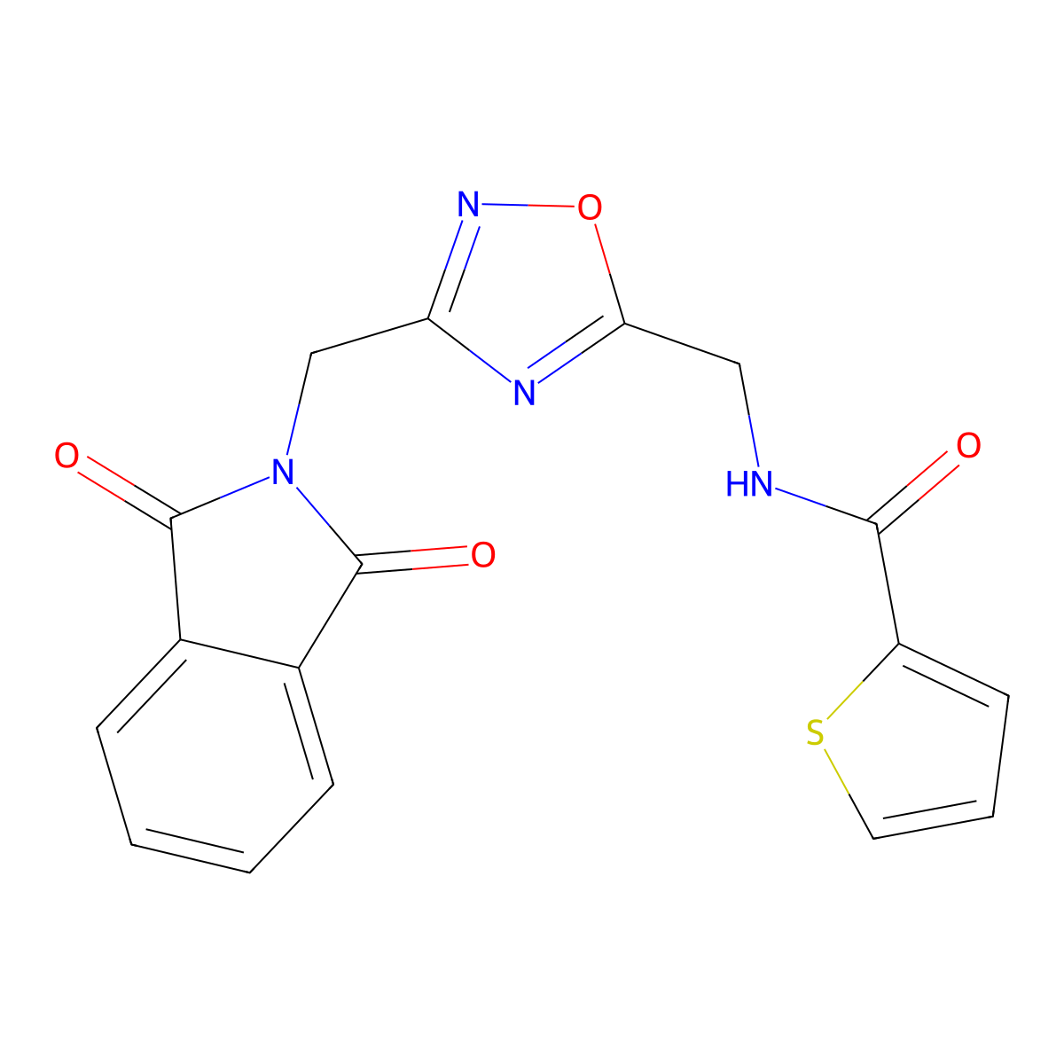 N-((3-((1,3-dioxoisoindolin-2-yl)methyl)-1,2,4-oxadiazol-5-yl)methyl)thiophene-2-carboxamide molecular structure, CAS 2034588-45-7