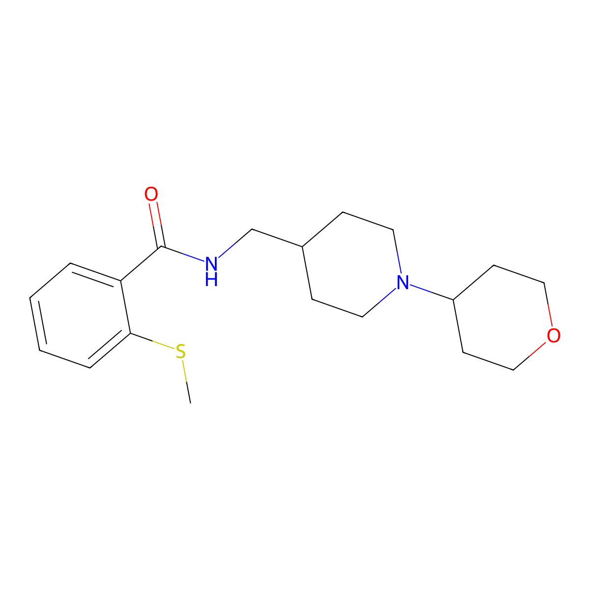 2-(methylthio)-N-((1-(tetrahydro-2H-pyran-4-yl)piperidin-4-yl)methyl)benzamide molecular structure, CAS 2034588-57-1