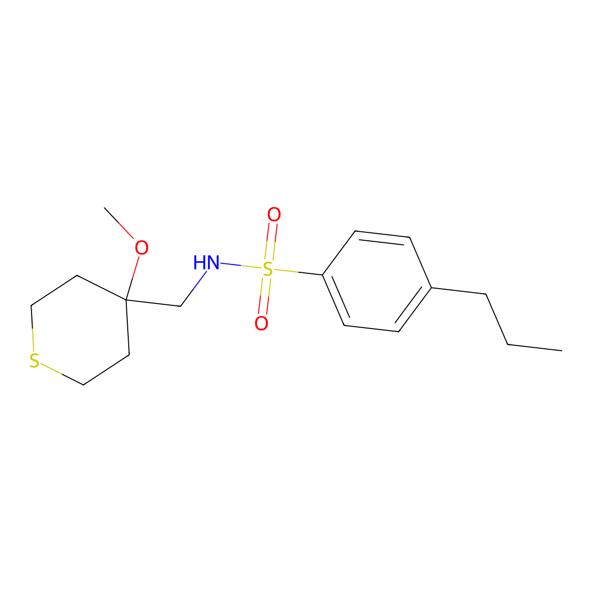 N-((4-methoxytetrahydro-2H-thiopyran-4-yl)methyl)-4-propylbenzenesulfonamide molecular structure, CAS 2034588-60-6