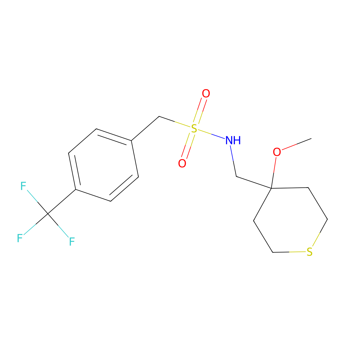 N-((4-methoxytetrahydro-2H-thiopyran-4-yl)methyl)-1-(4-(trifluoromethyl)phenyl)methanesulfonamide molecular structure, CAS 2034588-75-3