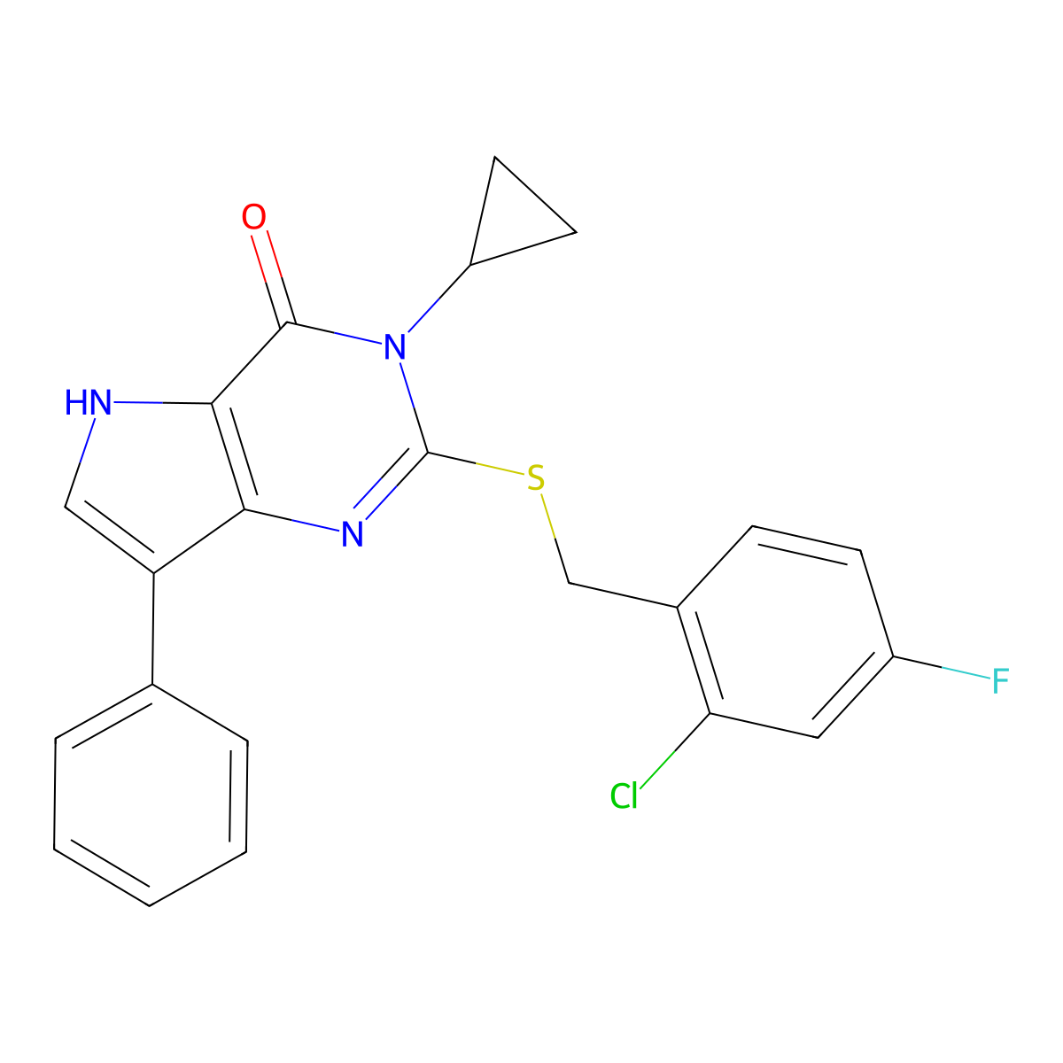 2-((2-chloro-4-fluorobenzyl)thio)-3-cyclopropyl-7-phenyl-3H-pyrrolo[3,2-d]pyrimidin-4(5H)-one molecular structure, CAS 2034589-00-7