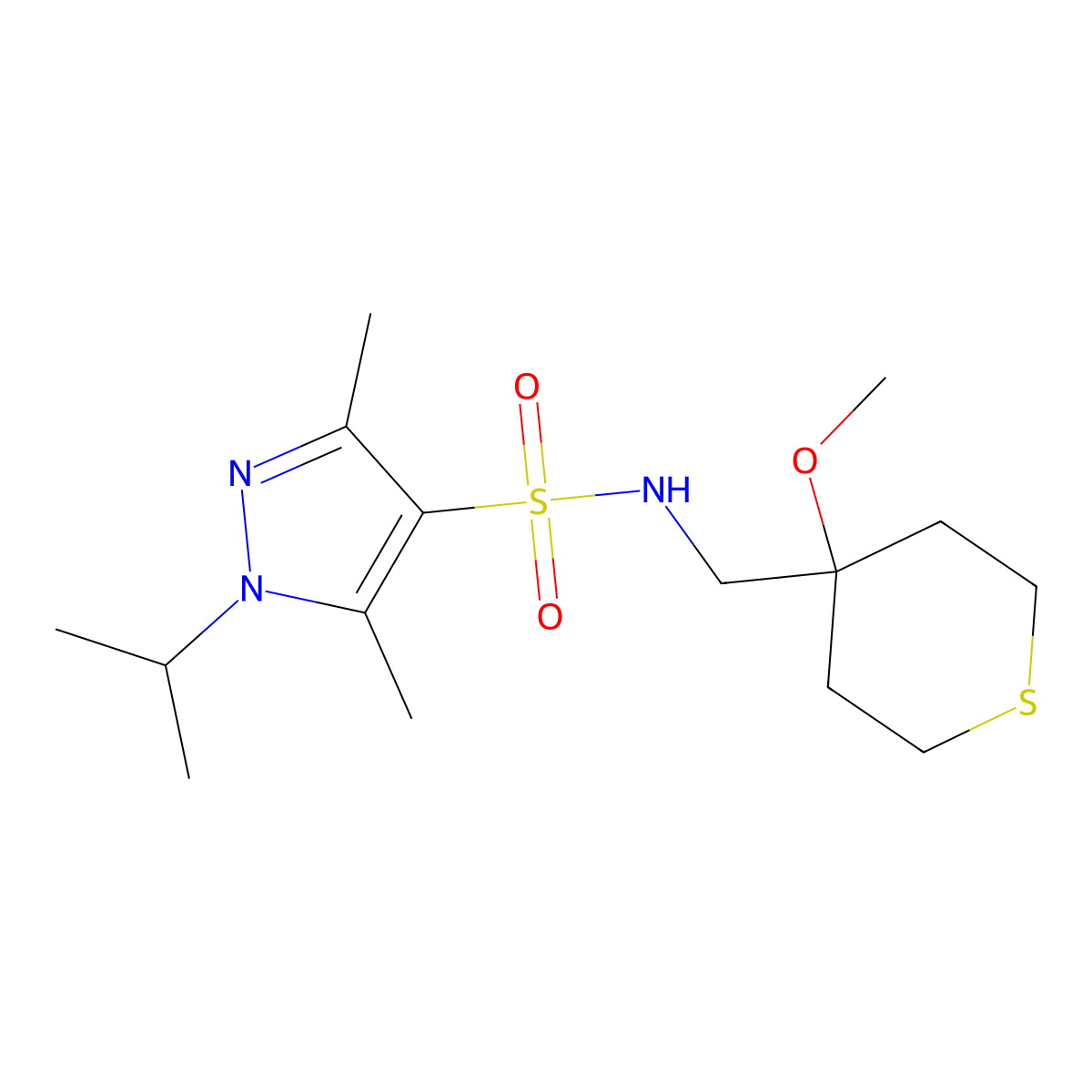 1-isopropyl-N-((4-methoxytetrahydro-2H-thiopyran-4-yl)methyl)-3,5-dimethyl-1H-pyrazole-4-sulfonamide molecular structure, CAS 2034589-03-0