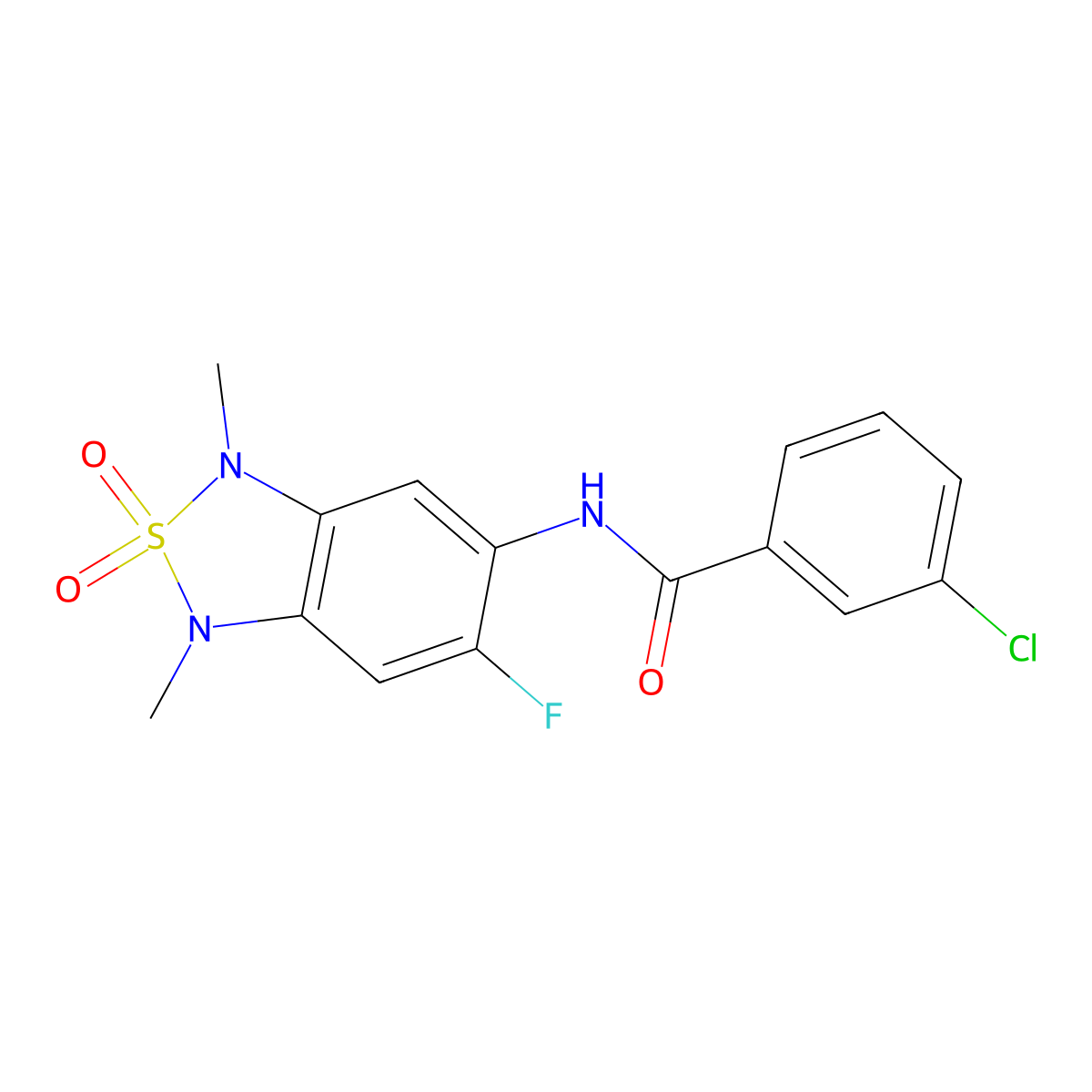3-chloro-N-(6-fluoro-1,3-dimethyl-2,2-dioxido-1,3-dihydrobenzo[c][1,2,5]thiadiazol-5-yl)benzamide molecular structure, CAS 2034589-05-2