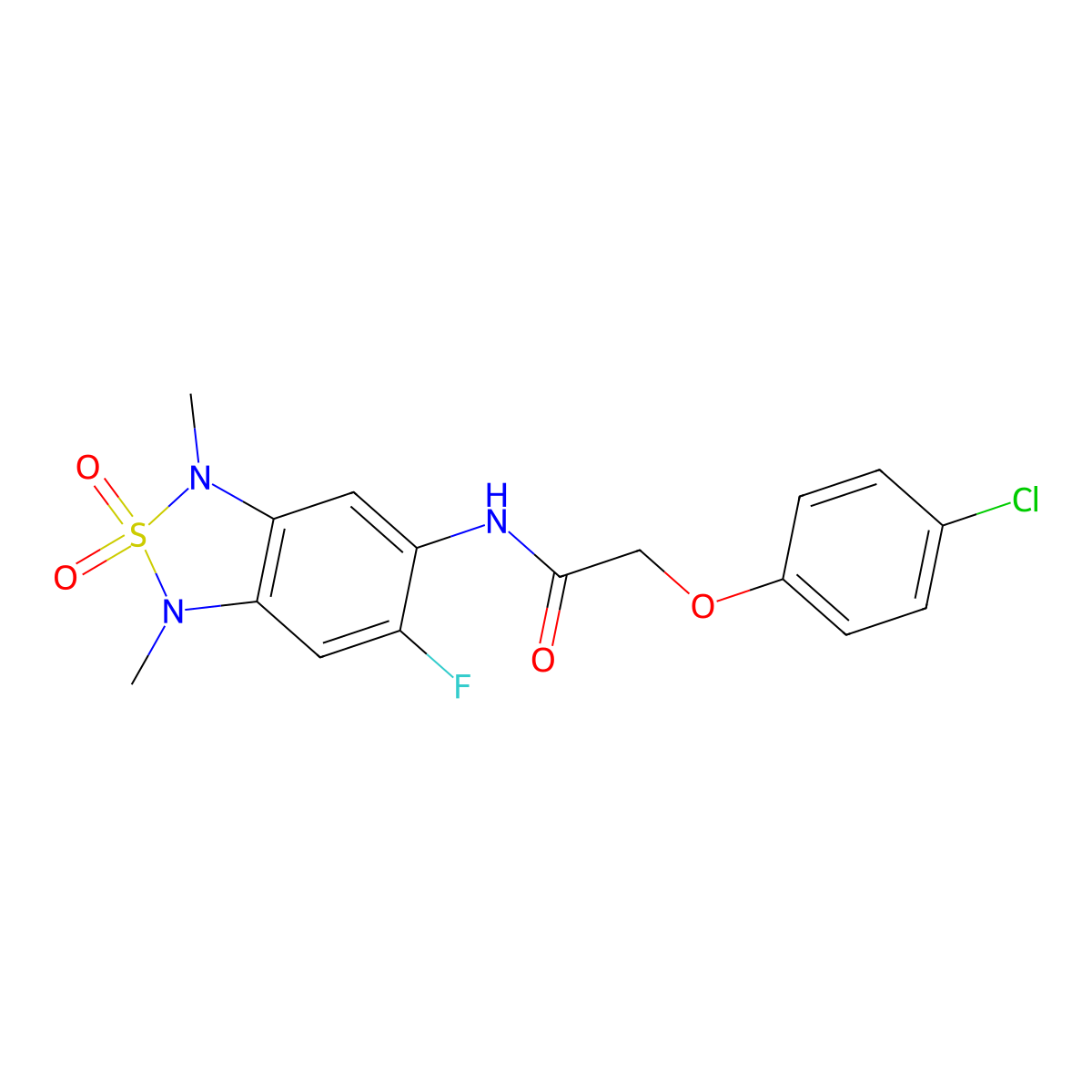 2-(4-chlorophenoxy)-N-(6-fluoro-1,3-dimethyl-2,2-dioxido-1,3-dihydrobenzo[c][1,2,5]thiadiazol-5-yl)acetamide molecular structure, CAS 2034589-10-9