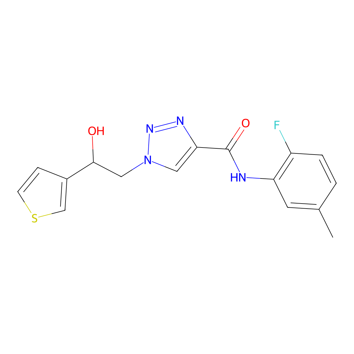 N-(2-fluoro-5-methylphenyl)-1-(2-hydroxy-2-(thiophen-3-yl)ethyl)-1H-1,2,3-triazole-4-carboxamide molecular structure, CAS 2034589-22-3