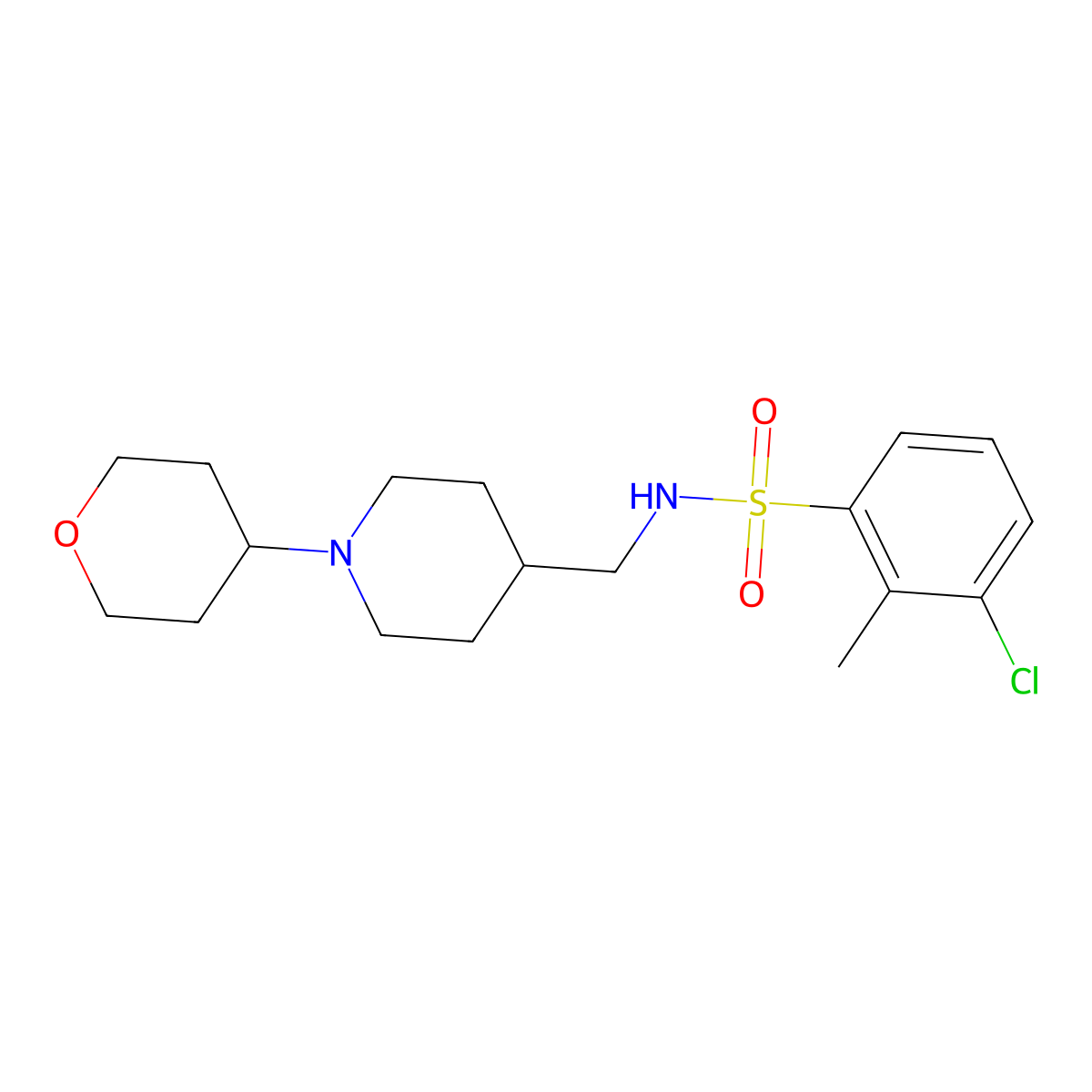 3-chloro-2-methyl-N-((1-(tetrahydro-2H-pyran-4-yl)piperidin-4-yl)methyl)benzenesulfonamide molecular structure, CAS 2034589-23-4