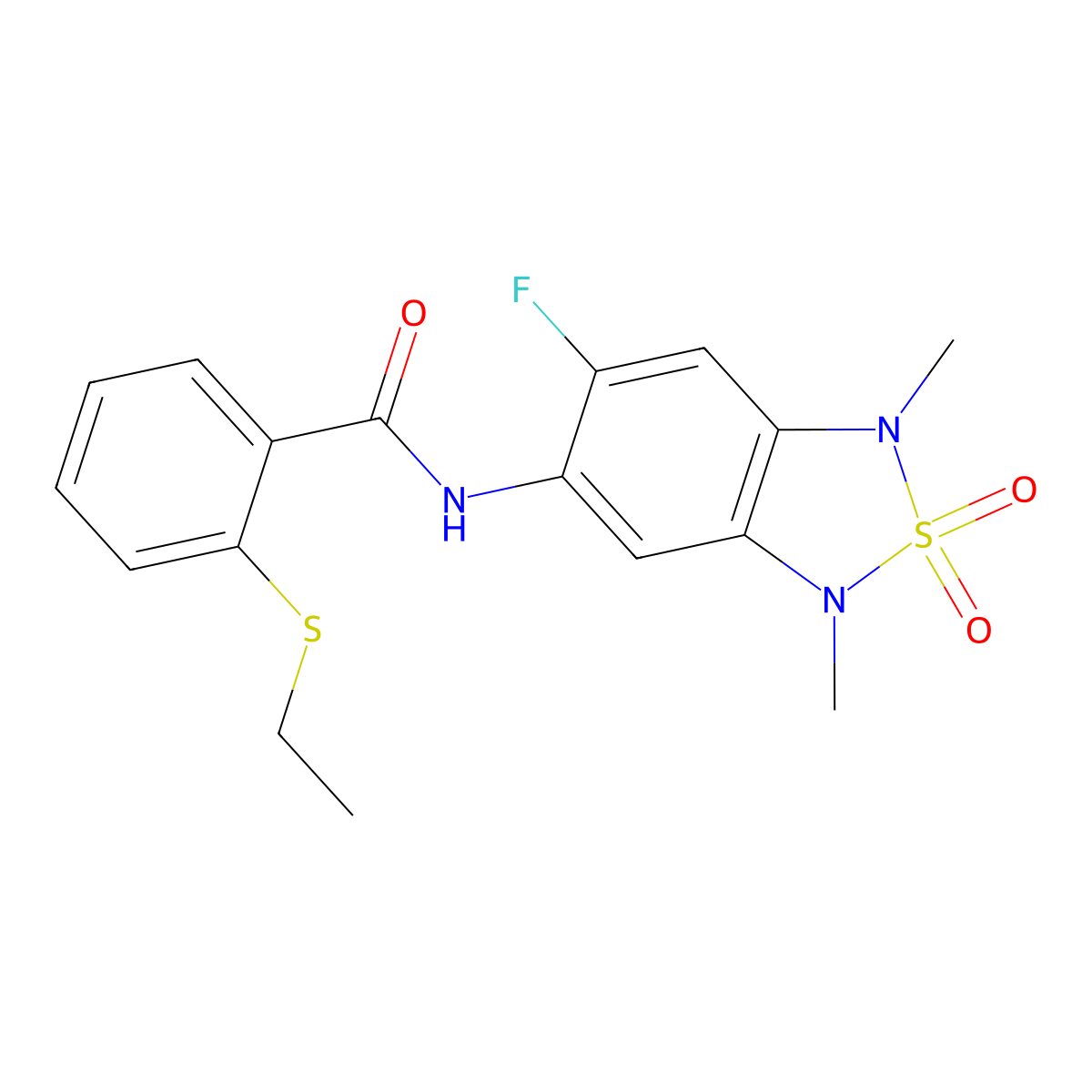 2-(ethylthio)-N-(6-fluoro-1,3-dimethyl-2,2-dioxido-1,3-dihydrobenzo[c][1,2,5]thiadiazol-5-yl)benzamide molecular structure, CAS 2034589-28-9