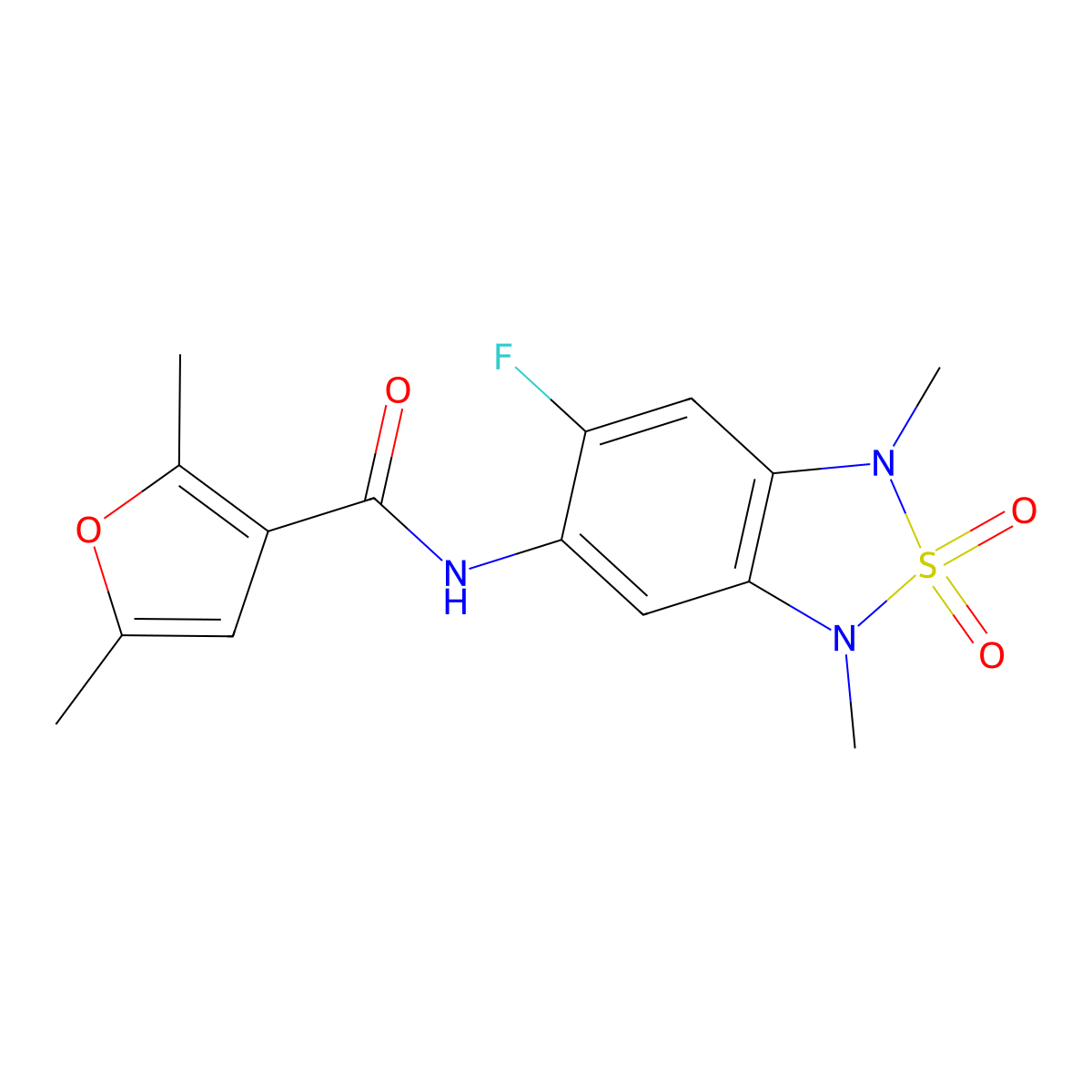 N-(6-fluoro-1,3-dimethyl-2,2-dioxido-1,3-dihydrobenzo[c][1,2,5]thiadiazol-5-yl)-2,5-dimethylfuran-3-carboxamide molecular structure, CAS 2034589-36-9