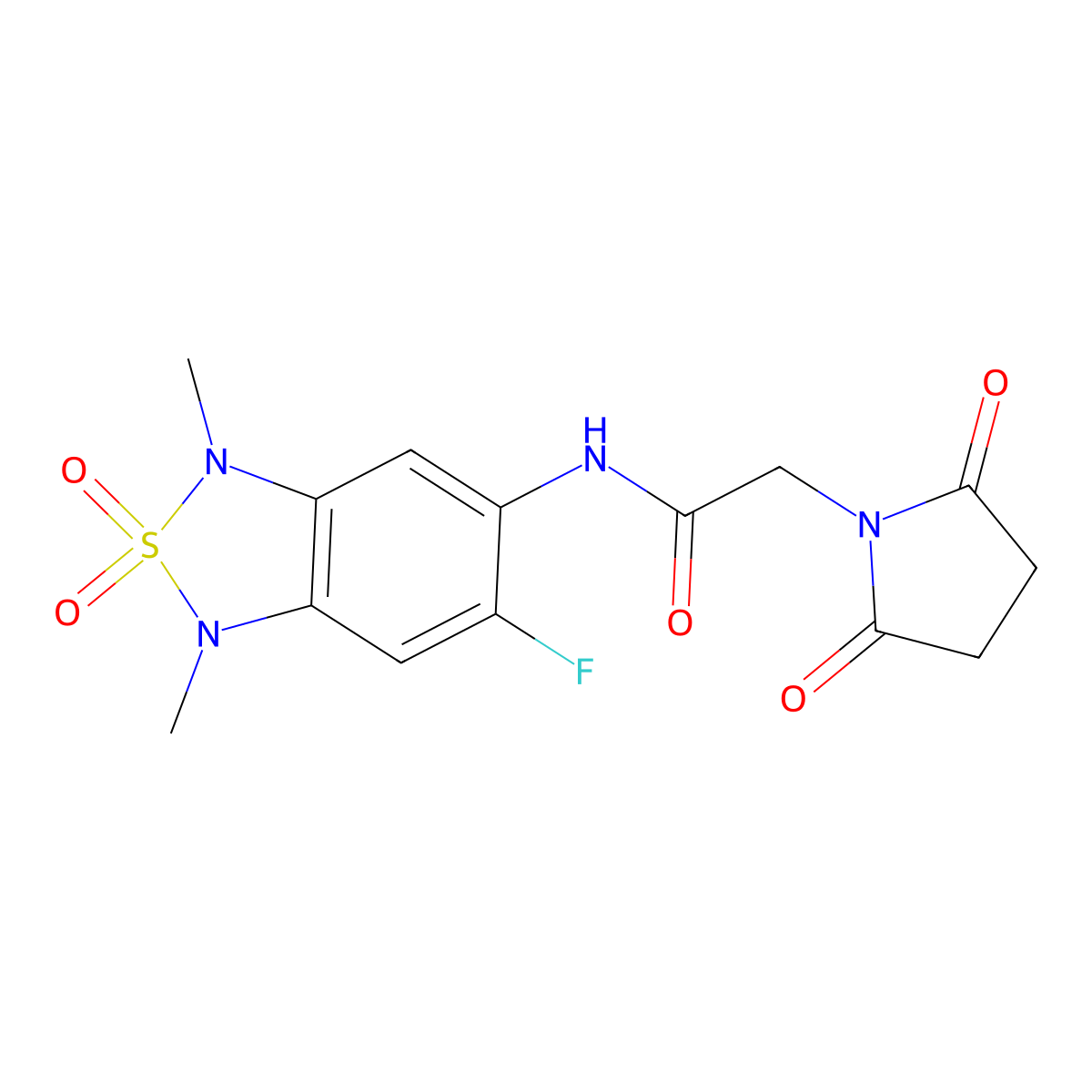 2-(2,5-dioxopyrrolidin-1-yl)-N-(6-fluoro-1,3-dimethyl-2,2-dioxido-1,3-dihydrobenzo[c][1,2,5]thiadiazol-5-yl)acetamide molecular structure, CAS 2034589-44-9