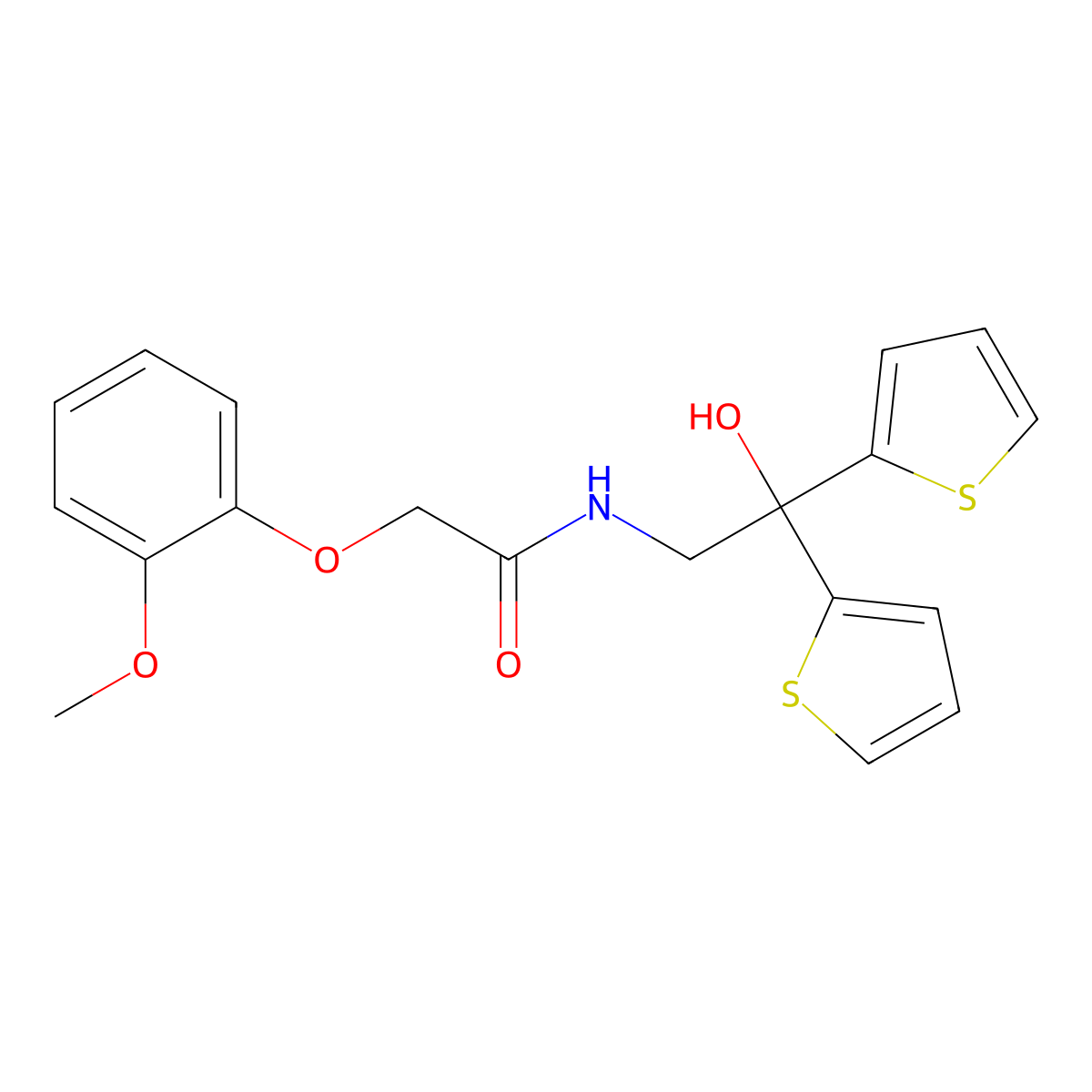 N-(2-hydroxy-2,2-di(thiophen-2-yl)ethyl)-2-(2-methoxyphenoxy)acetamide molecular structure, CAS 2034589-48-3