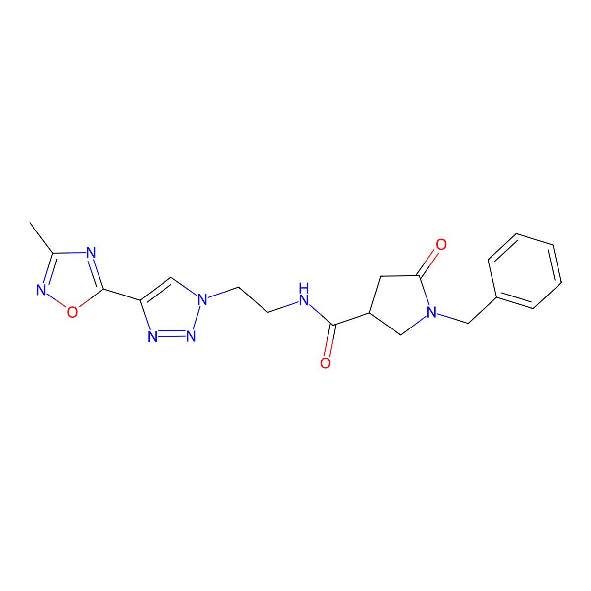1-benzyl-N-(2-(4-(3-methyl-1,2,4-oxadiazol-5-yl)-1H-1,2,3-triazol-1-yl)ethyl)-5-oxopyrrolidine-3-carboxamide molecular structure, CAS 2034589-51-8