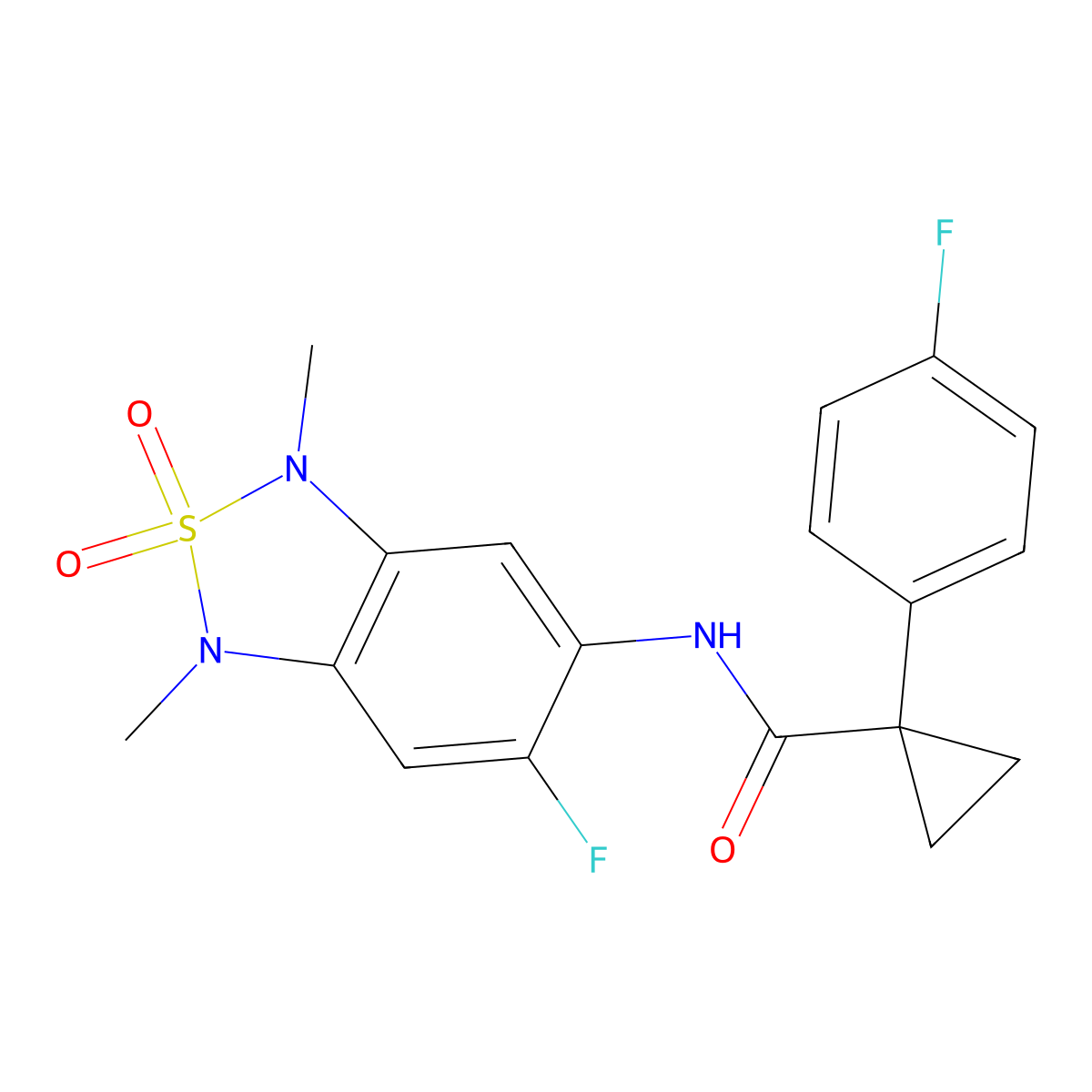 N-(6-fluoro-1,3-dimethyl-2,2-dioxido-1,3-dihydrobenzo[c][1,2,5]thiadiazol-5-yl)-1-(4-fluorophenyl)cyclopropanecarboxamide molecular structure, CAS 2034589-56-3