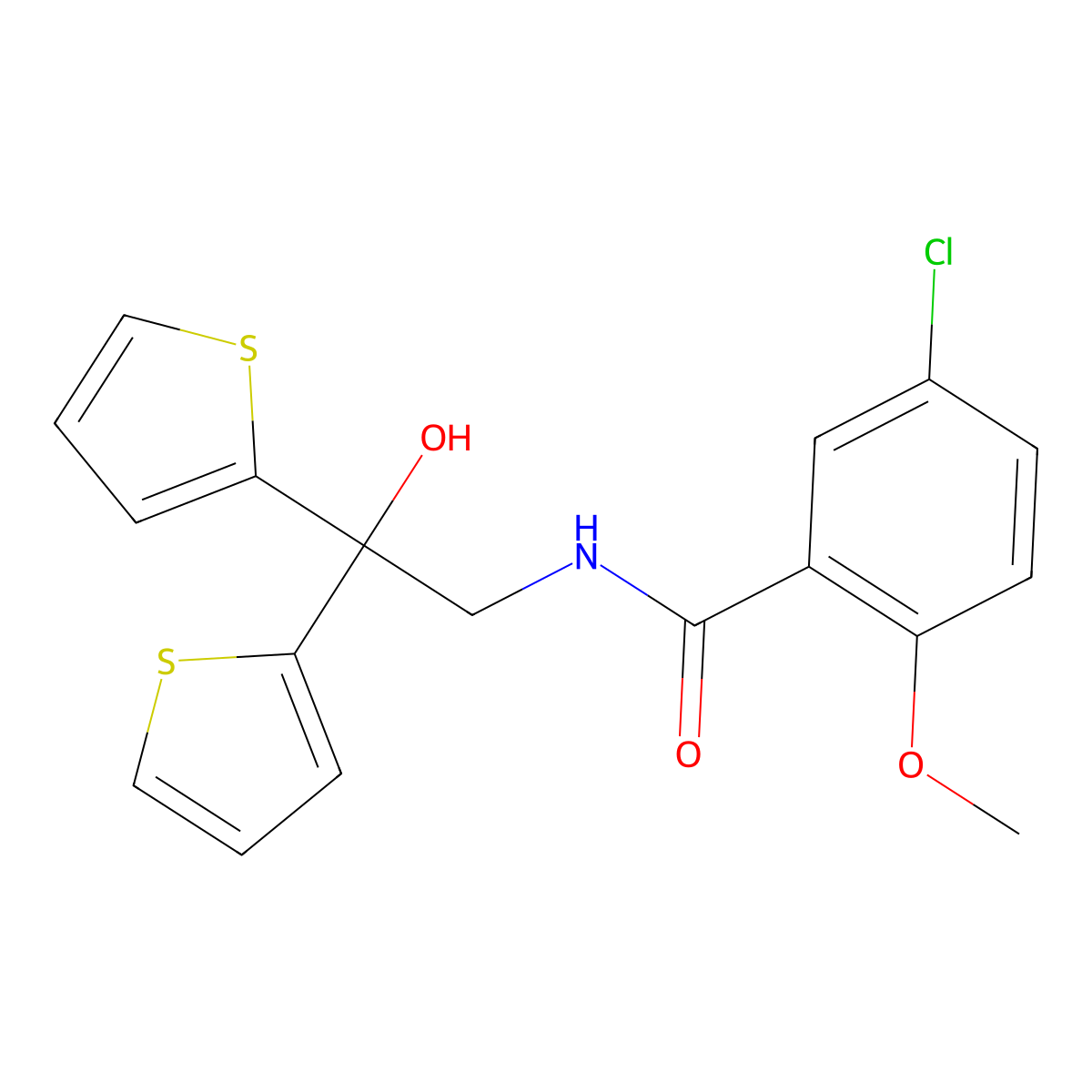 5-chloro-N-(2-hydroxy-2,2-di(thiophen-2-yl)ethyl)-2-methoxybenzamide molecular structure, CAS 2034589-57-4