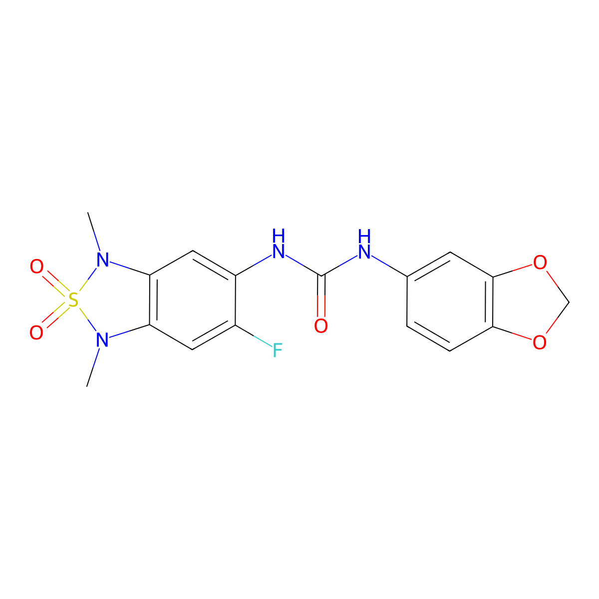 1-(Benzo[d][1,3]dioxol-5-yl)-3-(6-fluoro-1,3-dimethyl-2,2-dioxido-1,3-dihydrobenzo[c][1,2,5]thiadiazol-5-yl)urea molecular structure, CAS 2034589-61-0