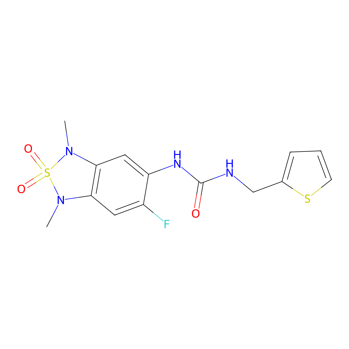1-(6-Fluoro-1,3-dimethyl-2,2-dioxido-1,3-dihydrobenzo[c][1,2,5]thiadiazol-5-yl)-3-(thiophen-2-ylmethyl)urea molecular structure, CAS 2034589-66-5