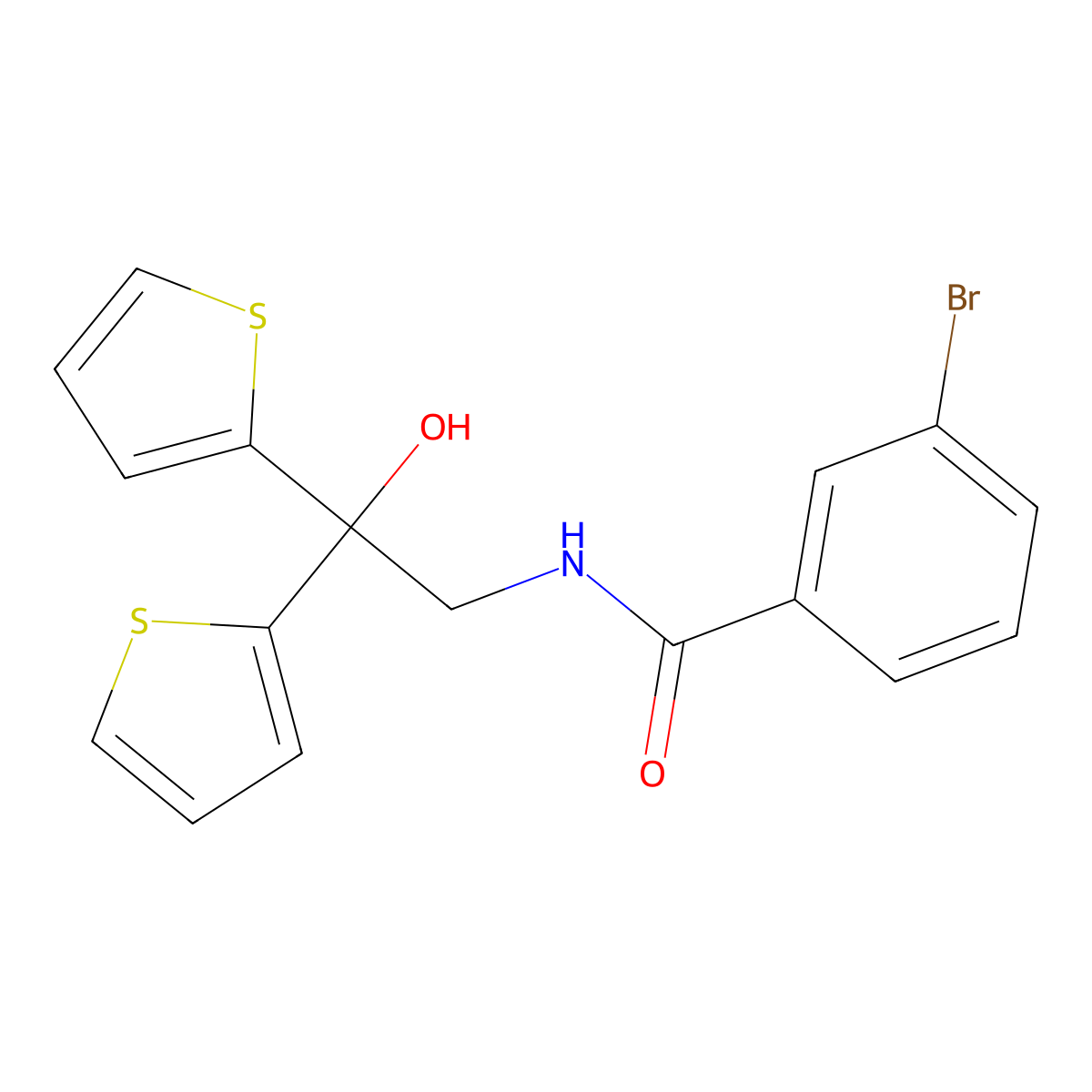 3-bromo-N-(2-hydroxy-2,2-di(thiophen-2-yl)ethyl)benzamide molecular structure, CAS 2034589-75-6
