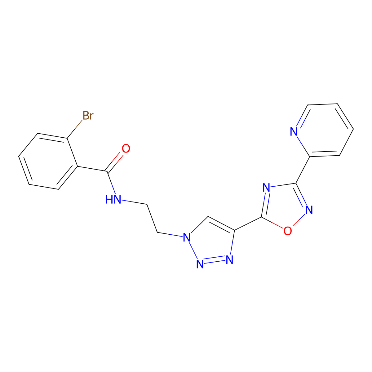 2-bromo-N-(2-(4-(3-(pyridin-2-yl)-1,2,4-oxadiazol-5-yl)-1H-1,2,3-triazol-1-yl)ethyl)benzamide molecular structure, CAS 2034589-80-3