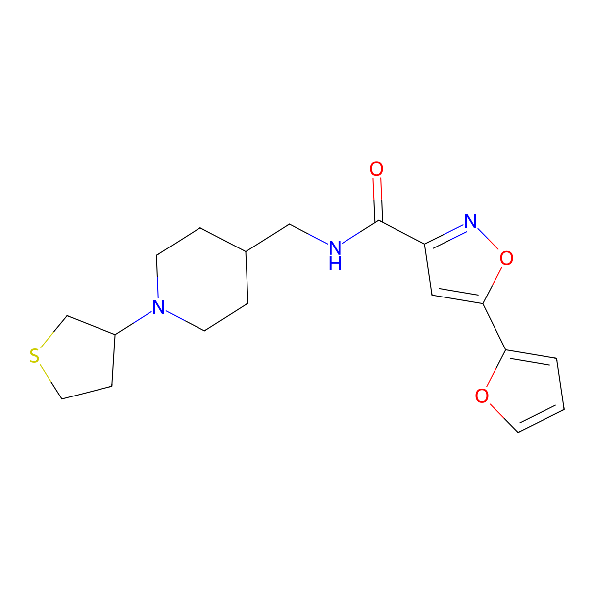 5-(furan-2-yl)-N-((1-(tetrahydrothiophen-3-yl)piperidin-4-yl)methyl)isoxazole-3-carboxamide molecular structure, CAS 2034589-88-1
