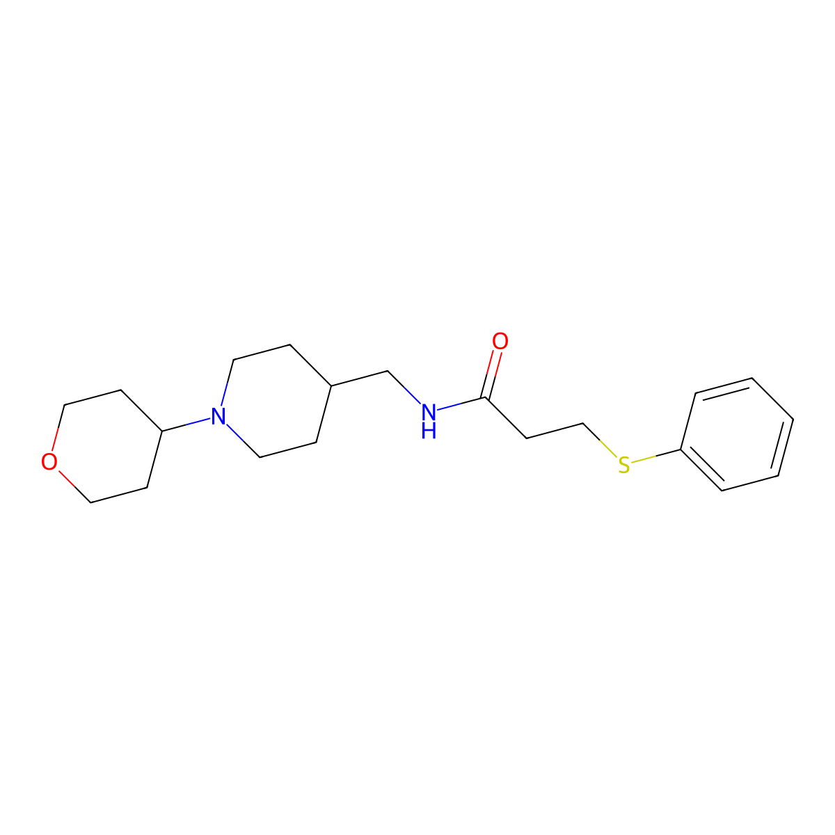 3-(phenylthio)-N-((1-(tetrahydro-2H-pyran-4-yl)piperidin-4-yl)methyl)propanamide molecular structure, CAS 2034589-93-8