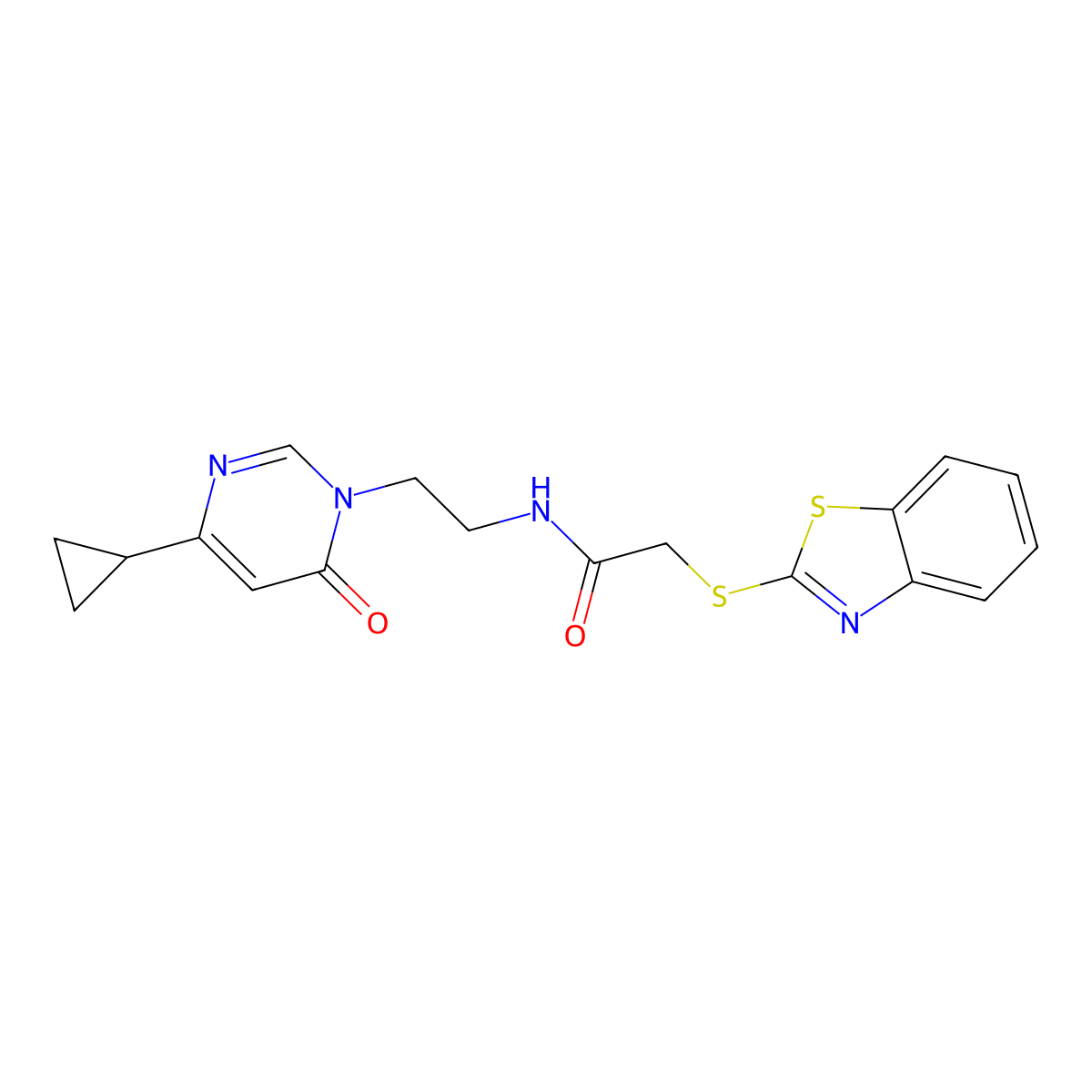 2-(benzo[d]thiazol-2-ylthio)-N-(2-(4-cyclopropyl-6-oxopyrimidin-1(6H)-yl)ethyl)acetamide molecular structure, CAS 2034590-03-7