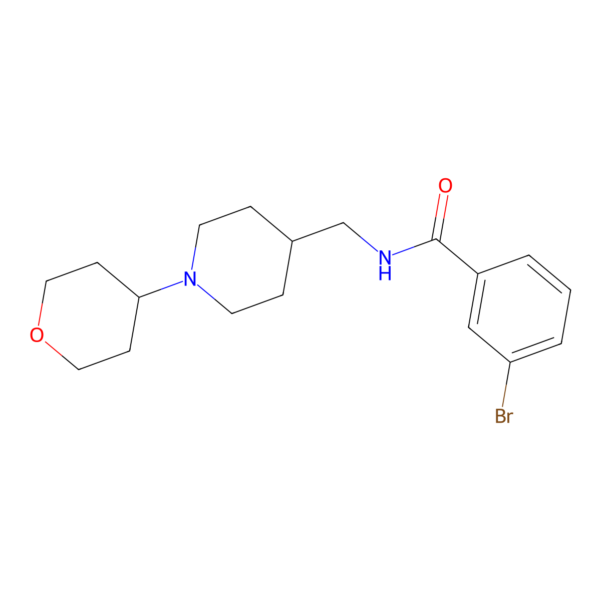 3-bromo-N-((1-(tetrahydro-2H-pyran-4-yl)piperidin-4-yl)methyl)benzamide molecular structure, CAS 2034590-07-1