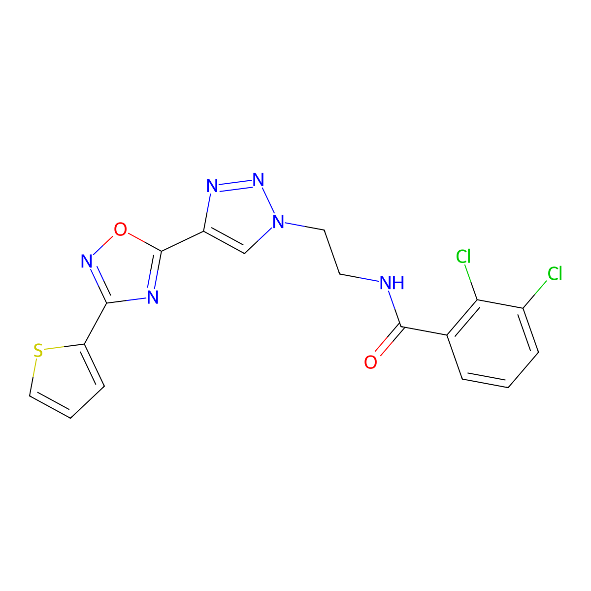 2,3-dichloro-N-(2-(4-(3-(thiophen-2-yl)-1,2,4-oxadiazol-5-yl)-1H-1,2,3-triazol-1-yl)ethyl)benzamide molecular structure, CAS 2034590-21-9