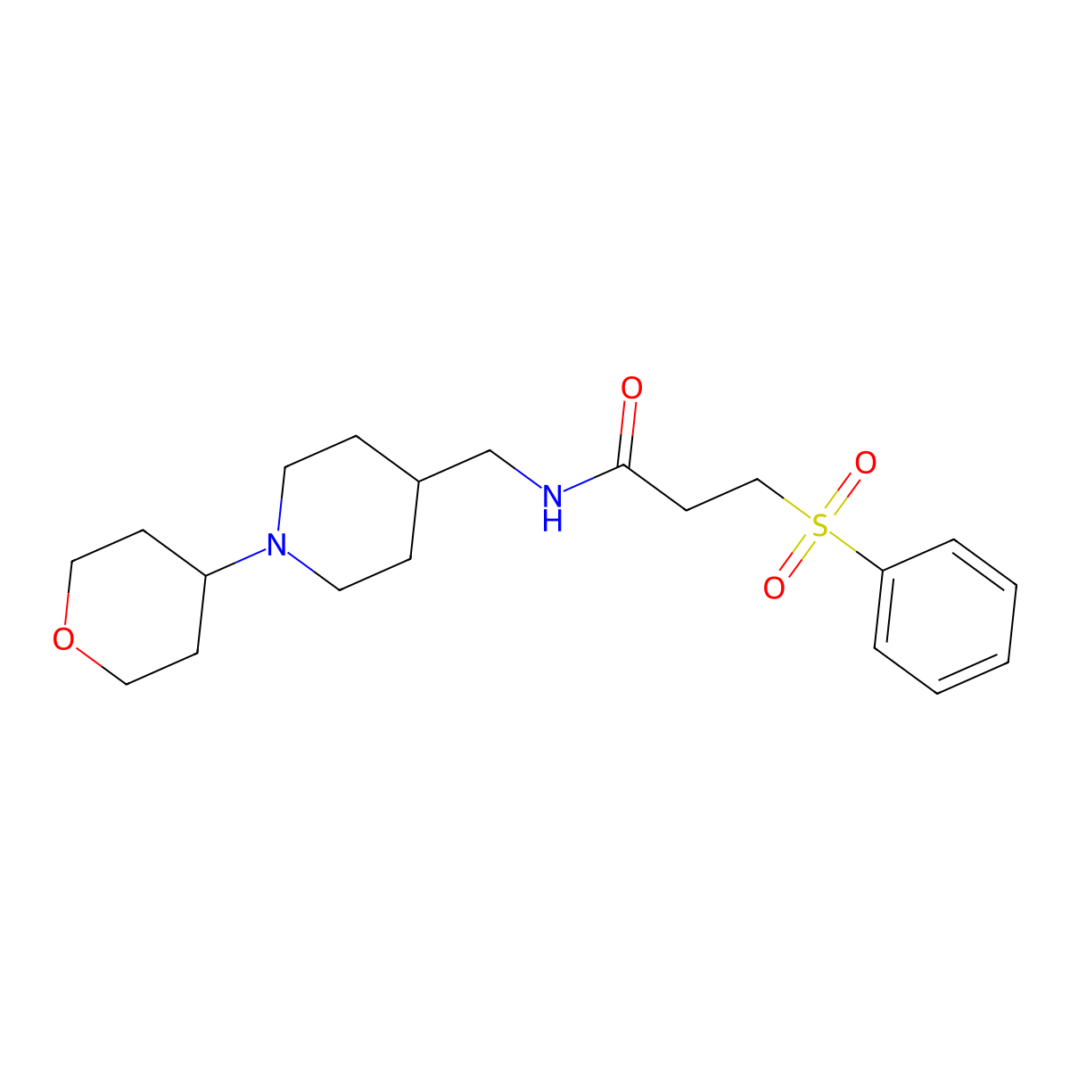 3-(phenylsulfonyl)-N-((1-(tetrahydro-2H-pyran-4-yl)piperidin-4-yl)methyl)propanamide molecular structure, CAS 2034590-23-1