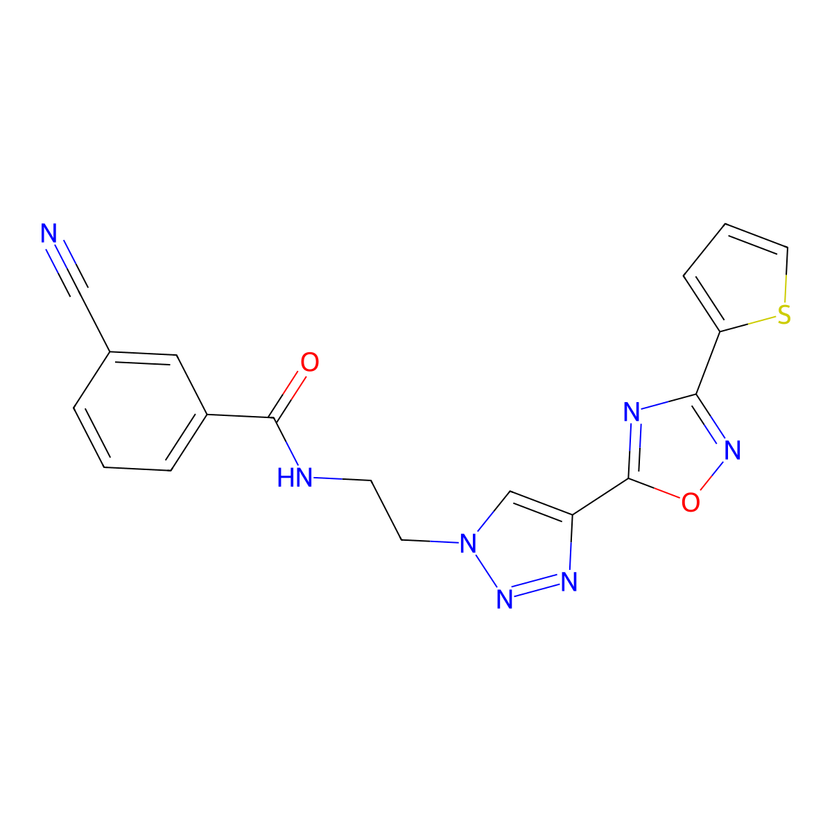 3-cyano-N-(2-(4-(3-(thiophen-2-yl)-1,2,4-oxadiazol-5-yl)-1H-1,2,3-triazol-1-yl)ethyl)benzamide molecular structure, CAS 2034590-24-2