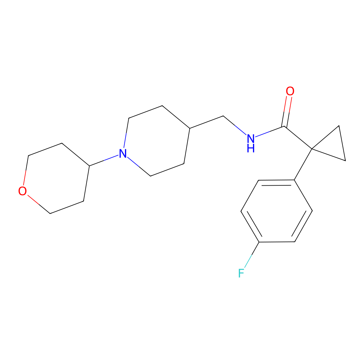 1-(4-fluorophenyl)-N-((1-(tetrahydro-2H-pyran-4-yl)piperidin-4-yl)methyl)cyclopropanecarboxamide molecular structure, CAS 2034590-31-1