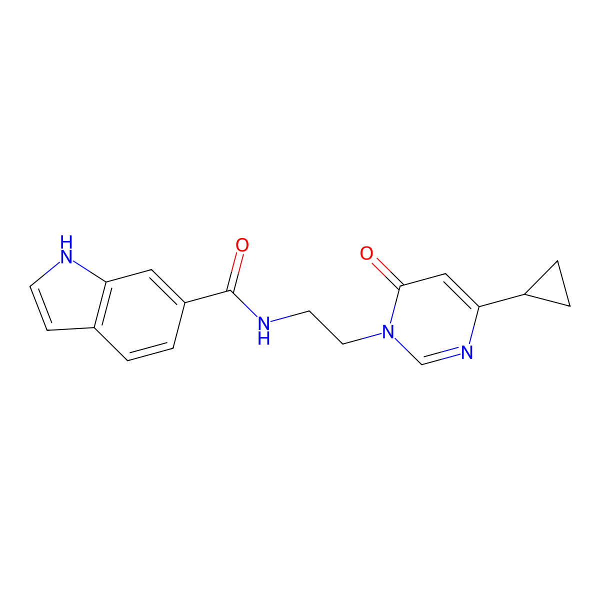 N-(2-(4-cyclopropyl-6-oxopyrimidin-1(6H)-yl)ethyl)-1H-indole-6-carboxamide molecular structure, CAS 2034590-41-3