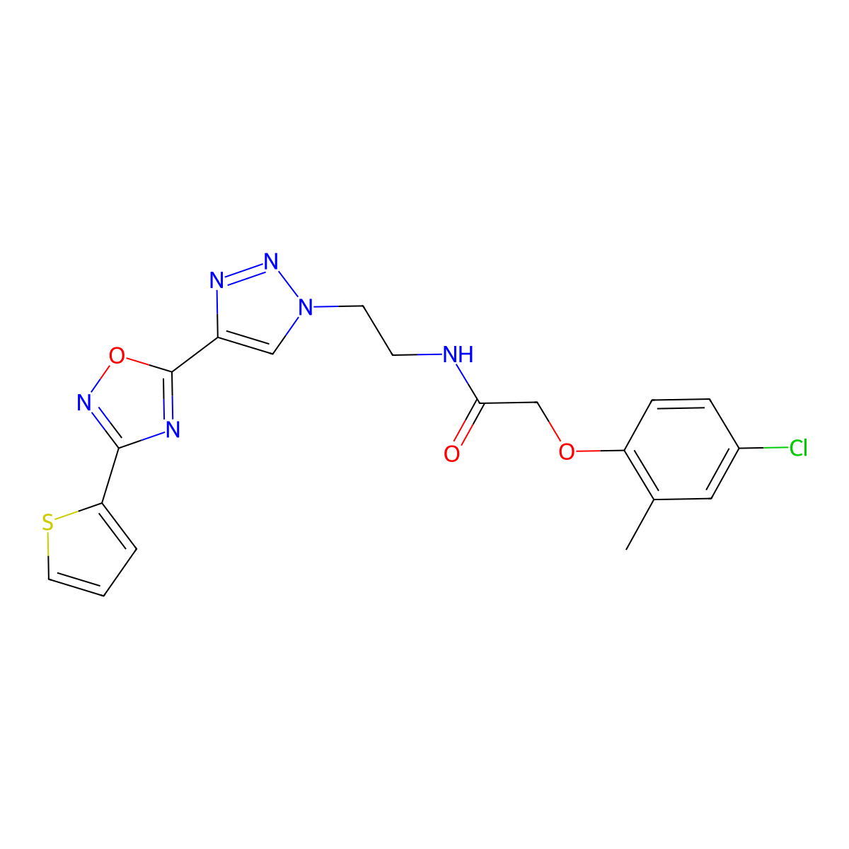 2-(4-chloro-2-methylphenoxy)-N-(2-(4-(3-(thiophen-2-yl)-1,2,4-oxadiazol-5-yl)-1H-1,2,3-triazol-1-yl)ethyl)acetamide molecular structure, CAS 2034590-42-4