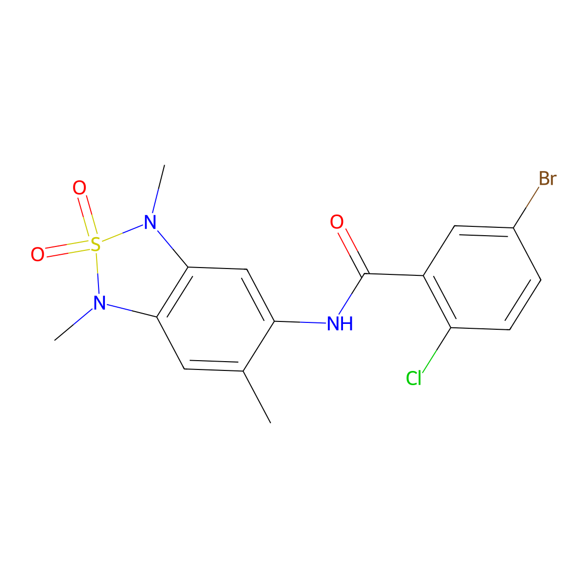 5-bromo-2-chloro-N-(1,3,6-trimethyl-2,2-dioxido-1,3-dihydrobenzo[c][1,2,5]thiadiazol-5-yl)benzamide molecular structure, CAS 2034590-45-7